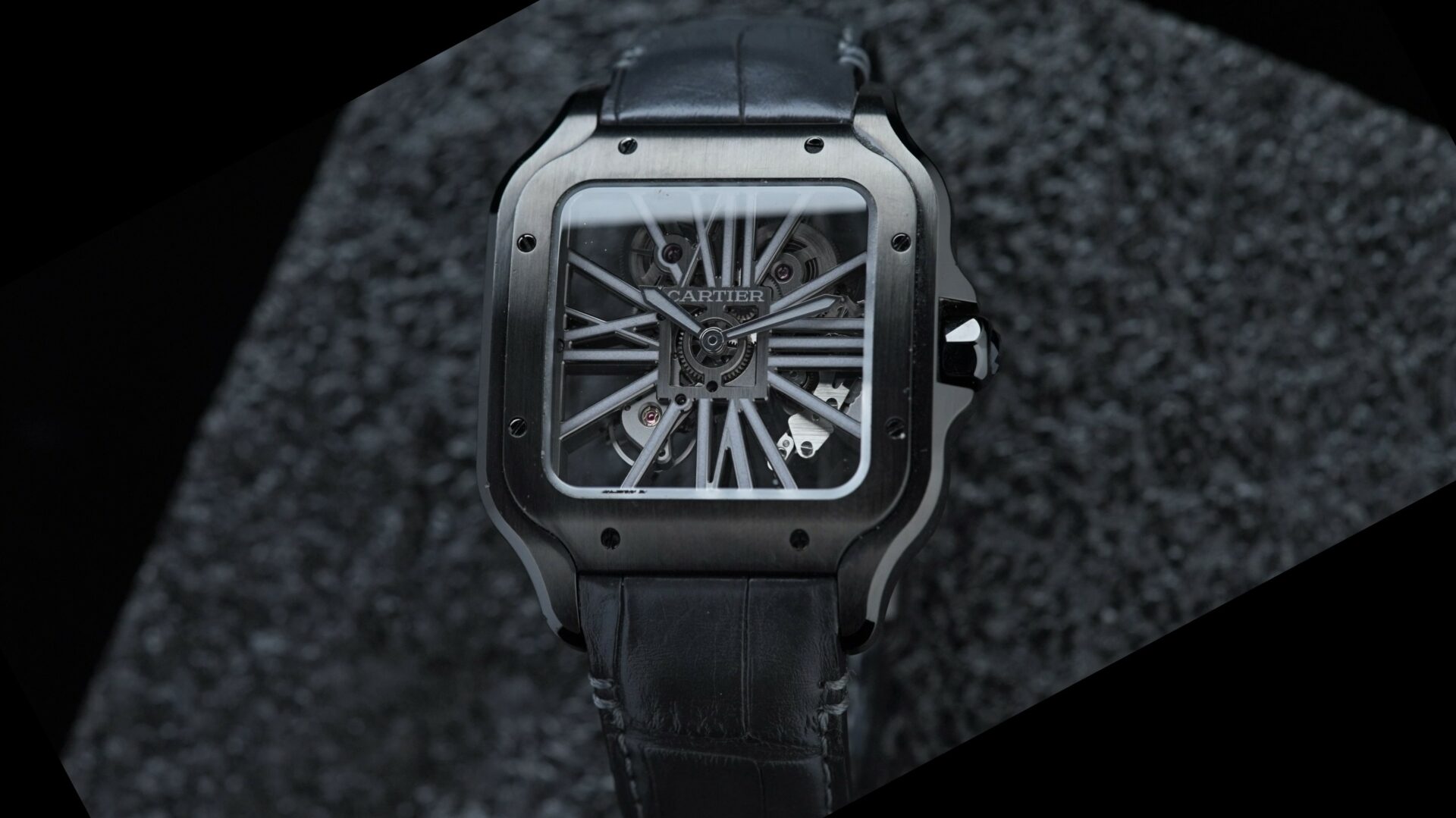 Cartier Santos De Cartier Skeleton 'Black Panther watch' featured under white lighting.