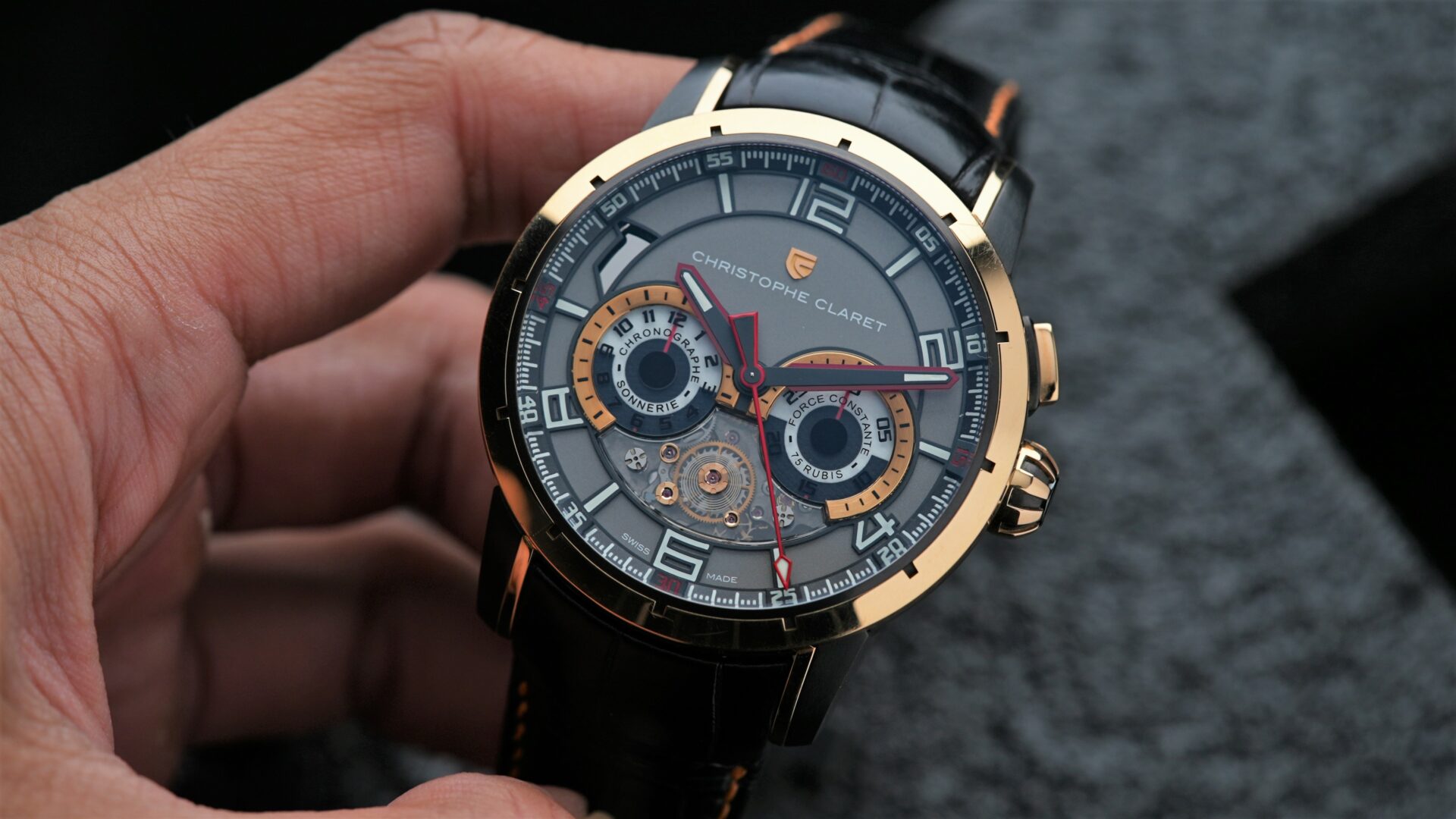 Christophe Claret Kantharos Chime Sonnerie Monopusher Chronograph being held in hand.