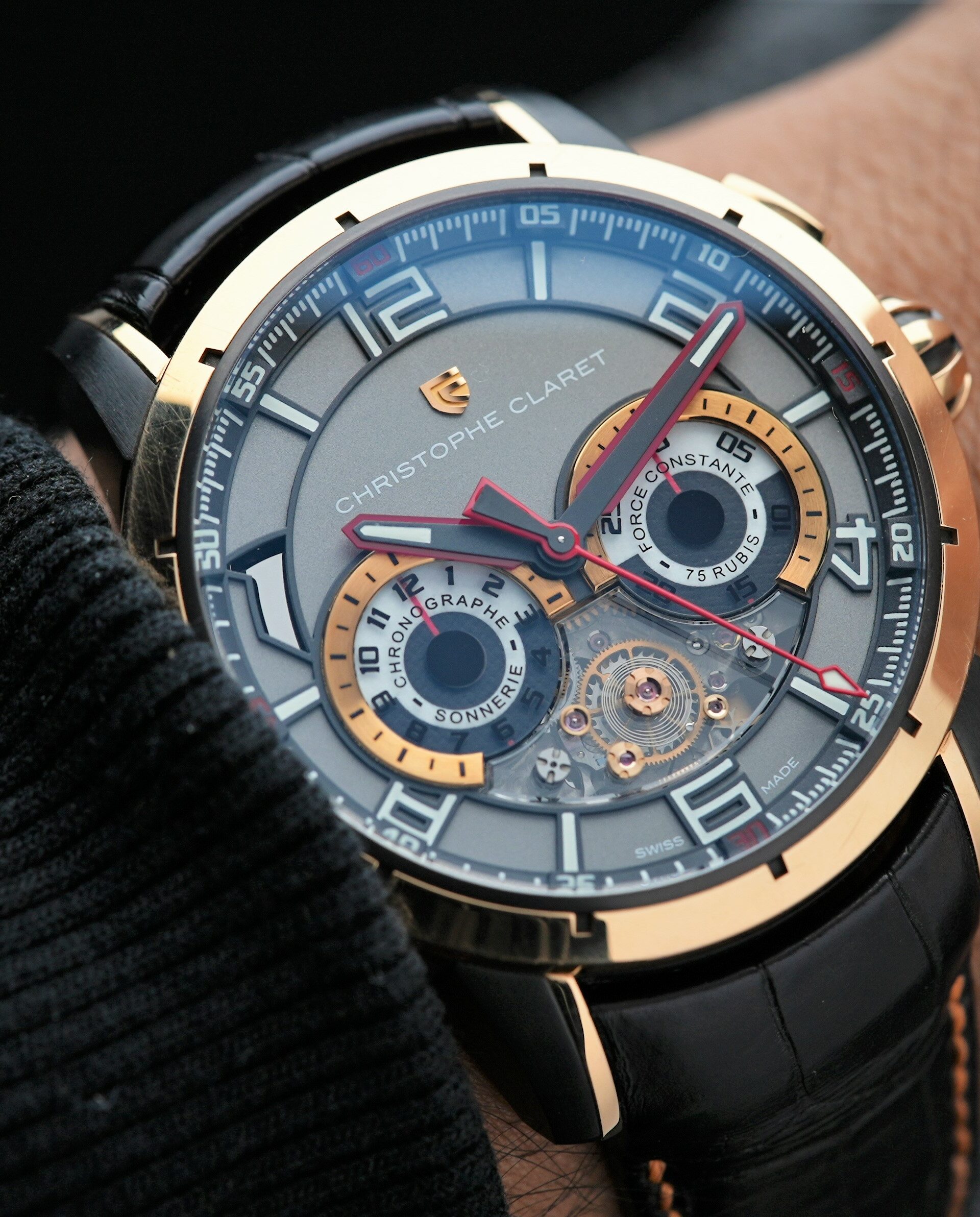 Christophe Claret Kantharos Chime Sonnerie Monopusher Chronograph featured on the wrist.