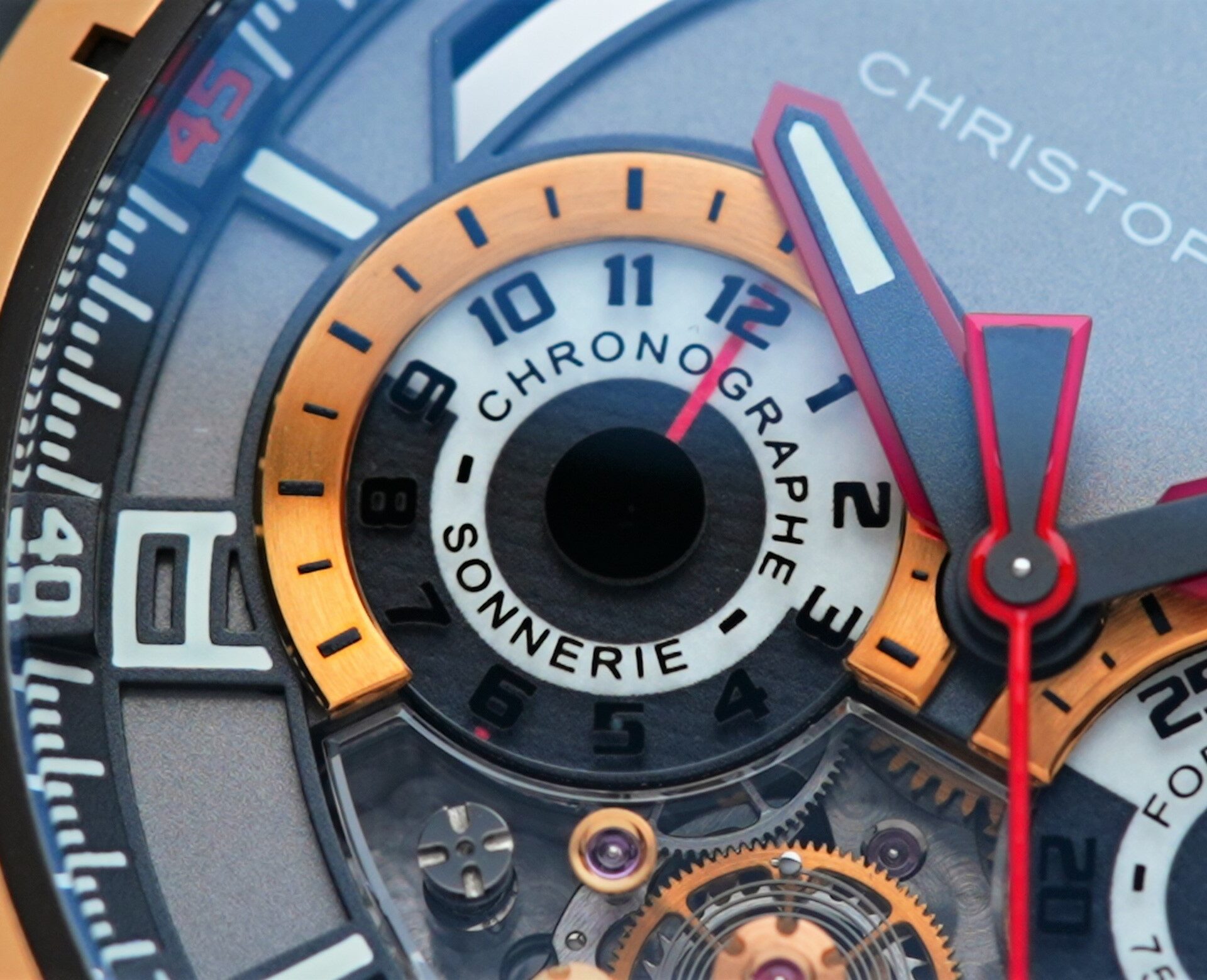 Christophe Claret Kantharos Chime Sonnerie Monopusher Chronograph close up shot of dial.