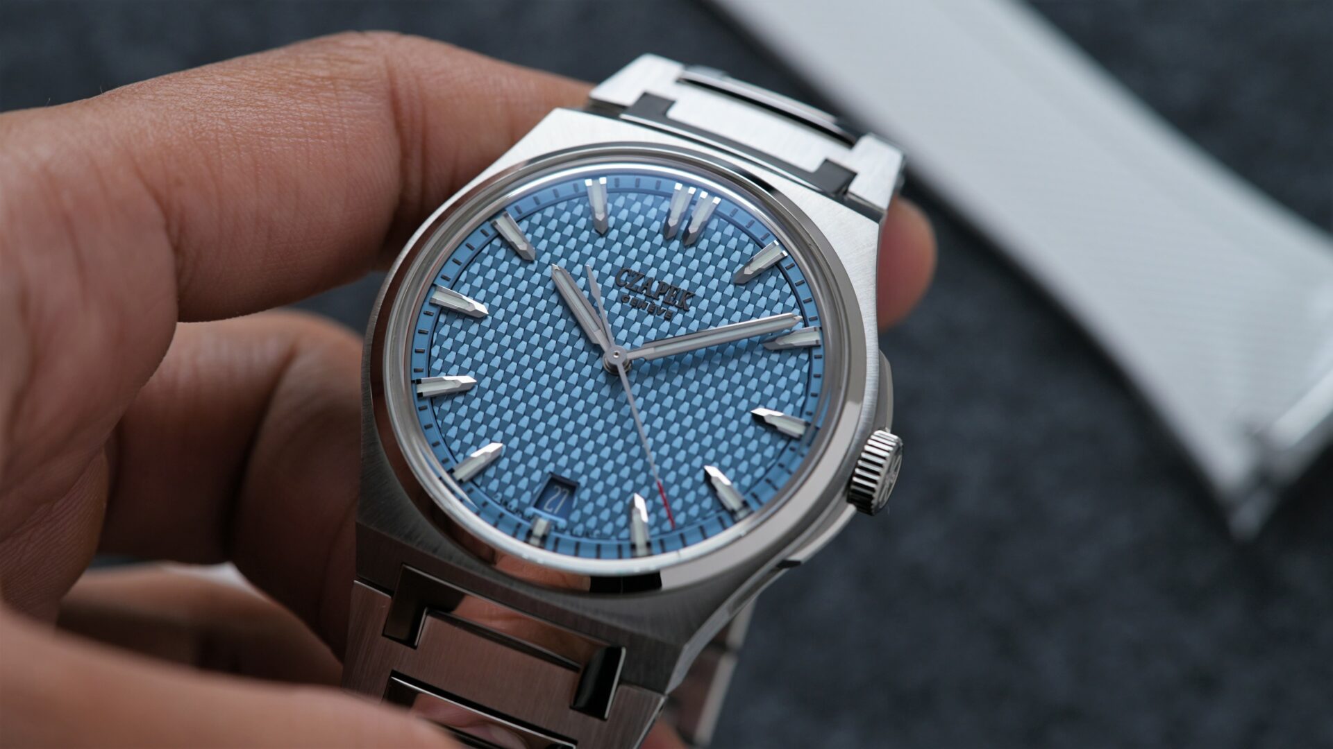 Czapek Passage de Drake Rare Glacier Blue Limited Production watch being displayed in hand.