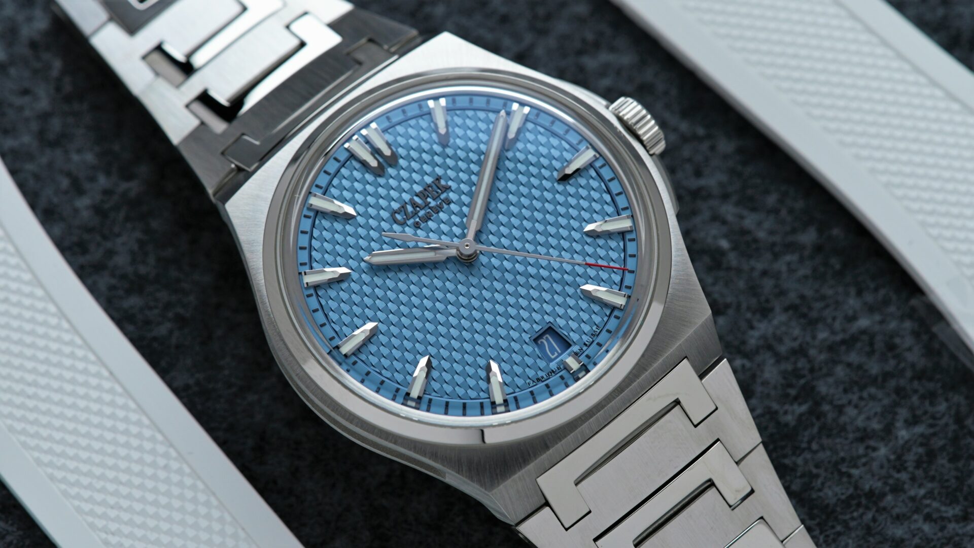 Czapek Passage de Drake Rare Glacier Blue Limited Production watch featured with extra white rubber strap.