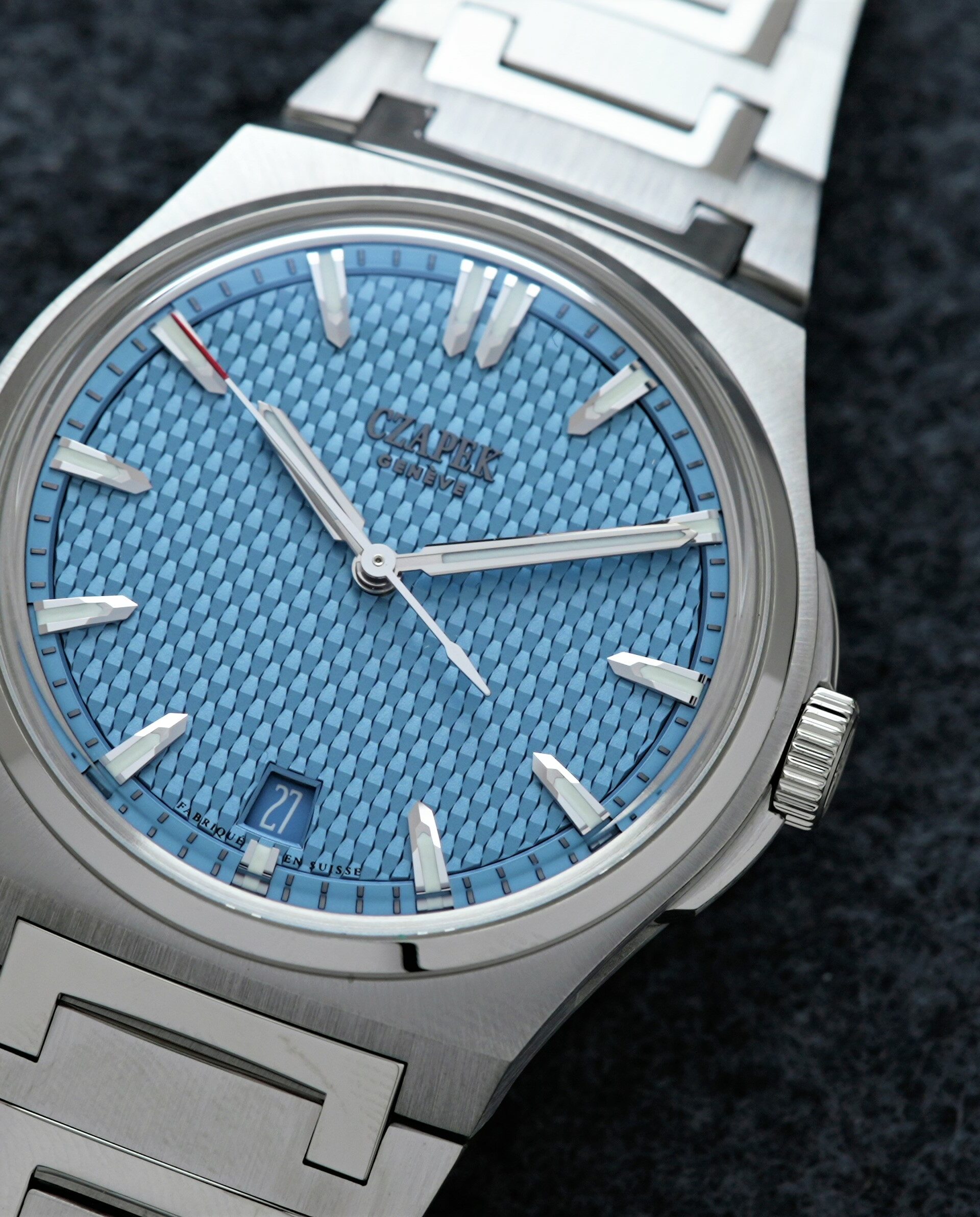 Czapek Passage de Drake Rare Glacier Blue Limited Production watch featured on an angle under white light.