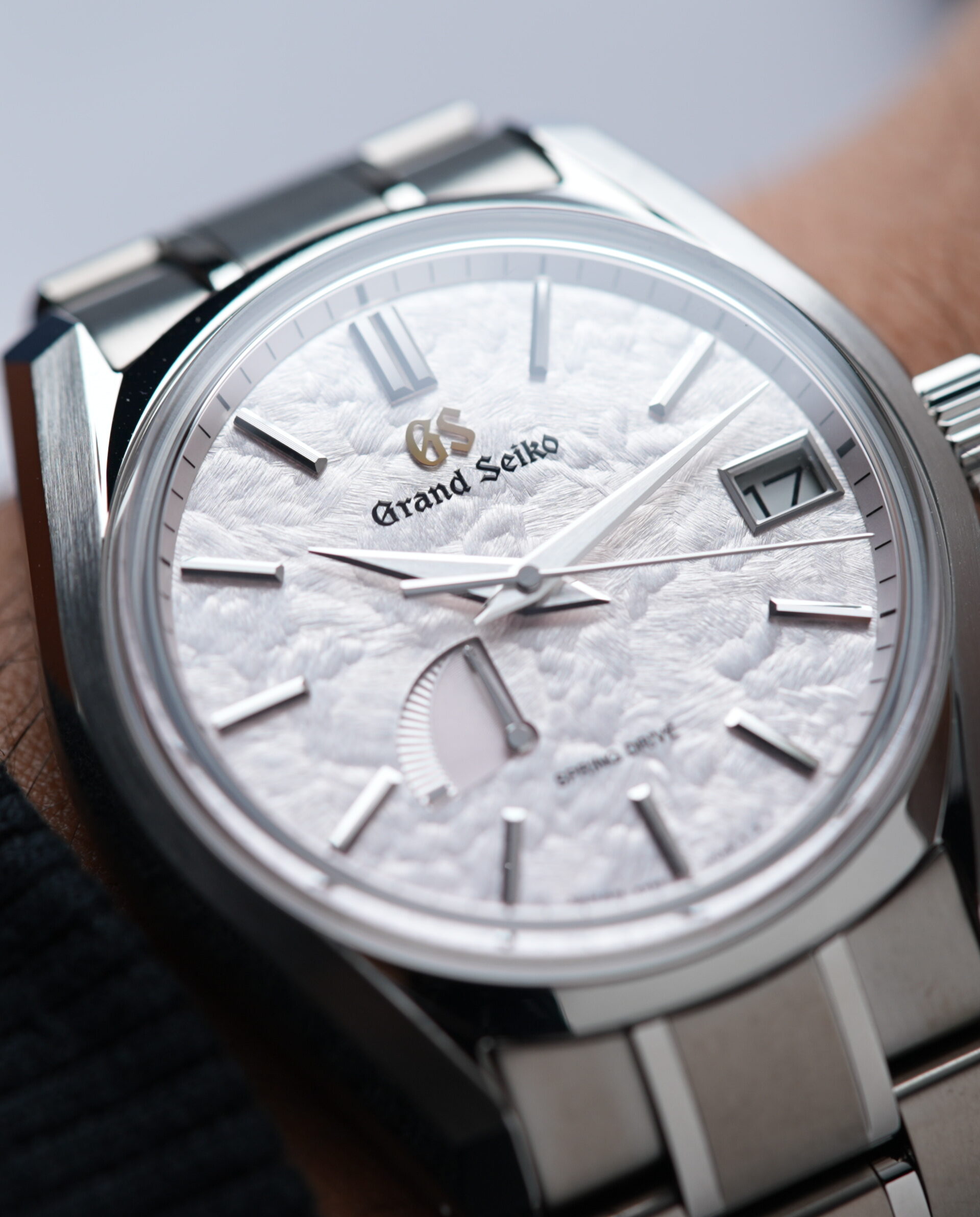 Grand Seiko Heritage Collection Seasons 'Spring' SBGA413 watch displayed on the wrist.
