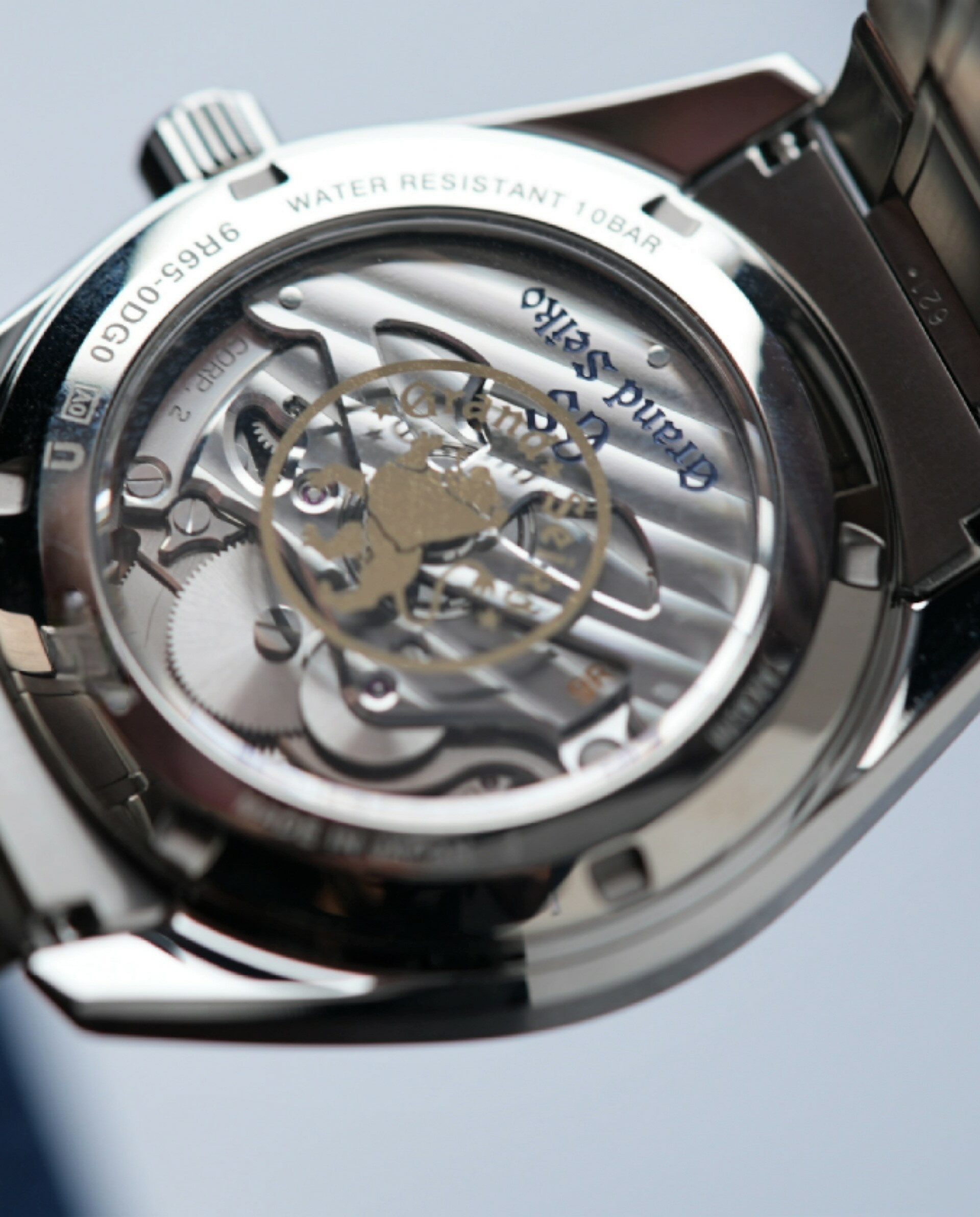 Open caseback on the Grand Seiko Heritage Collection Seasons 'Spring' SBGA413 watch.