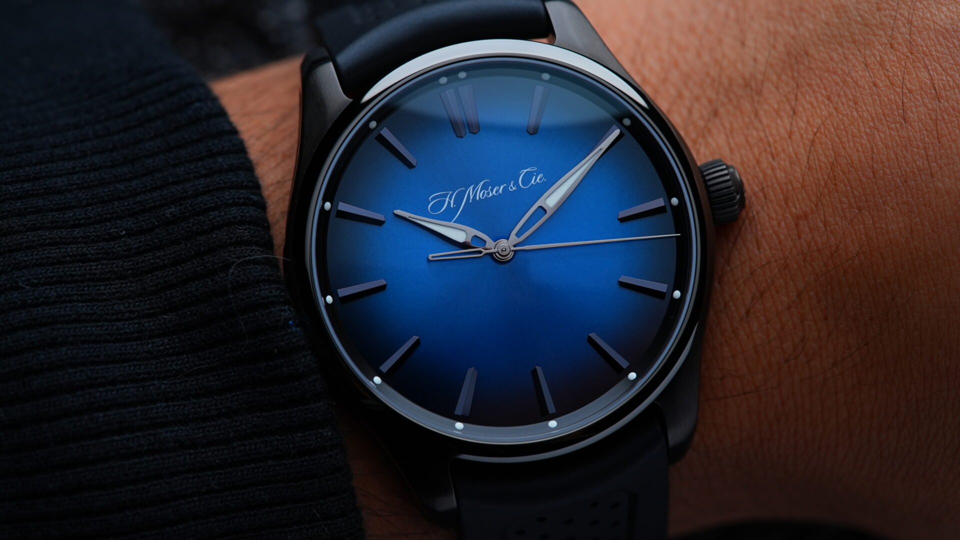 H.Moser & Cie. Pioneer Centre Seconds Funky Blue Fumé Black watch featured on the wrist.
