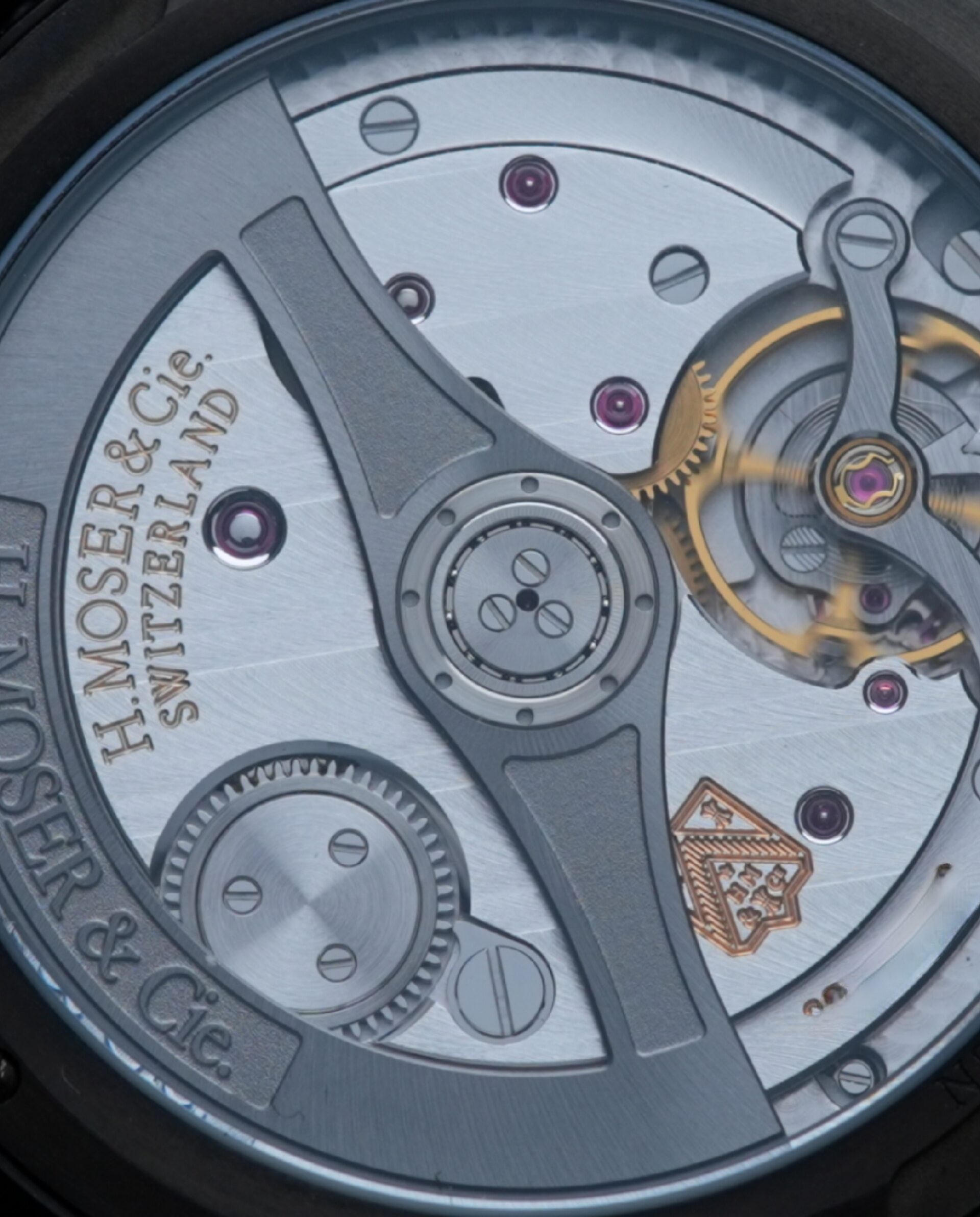 Open caseback of the H.Moser & Cie. Pioneer Centre Seconds Funky Blue Fumé Black watch.