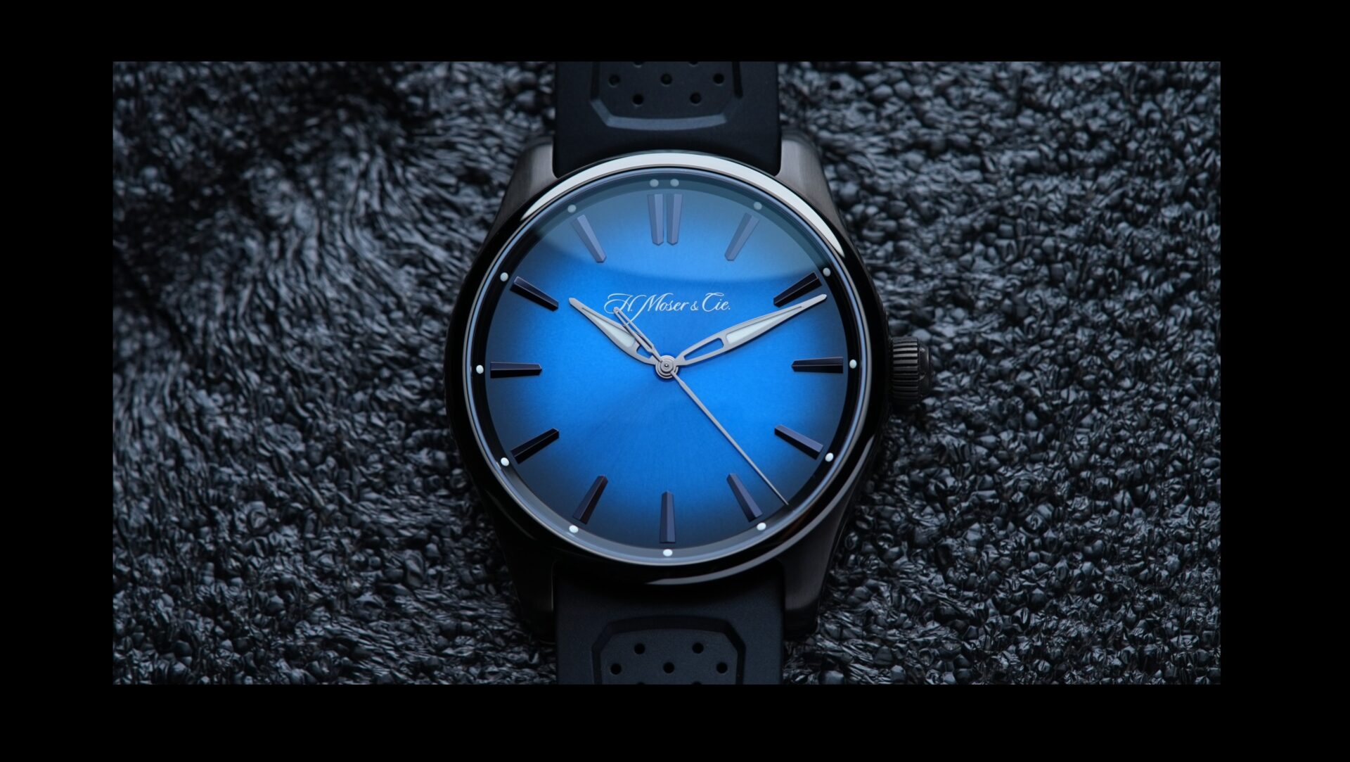 H.Moser & Cie. Pioneer Centre Seconds Funky Blue Fumé Black watch featured under white lighting.