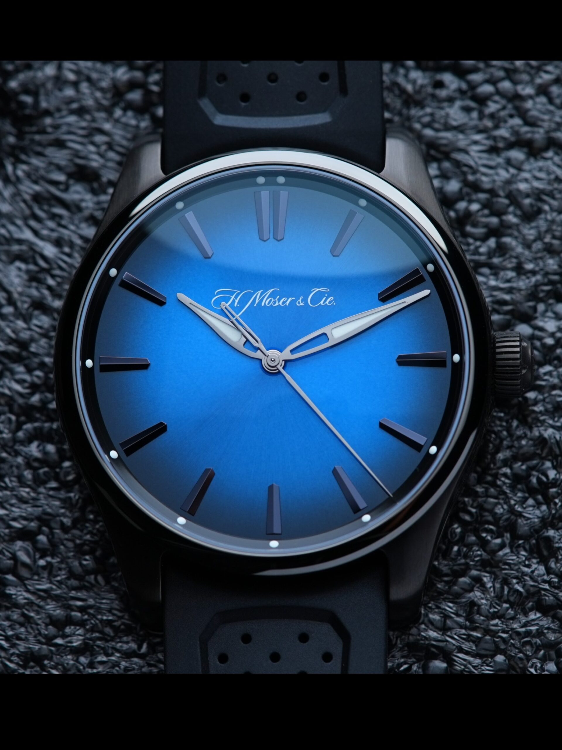 H.Moser & Cie. Pioneer Centre Seconds Funky Blue Fumé Black watch featured under white lighting.