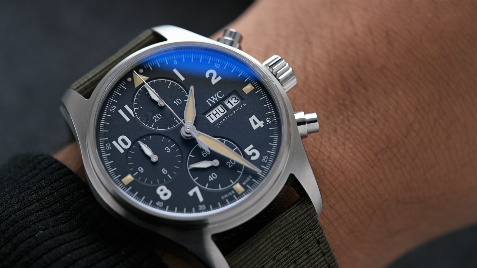 IWC Pilot Spitfire Chronograph 41MM IW387901 wristwatch displayed on the wrist.