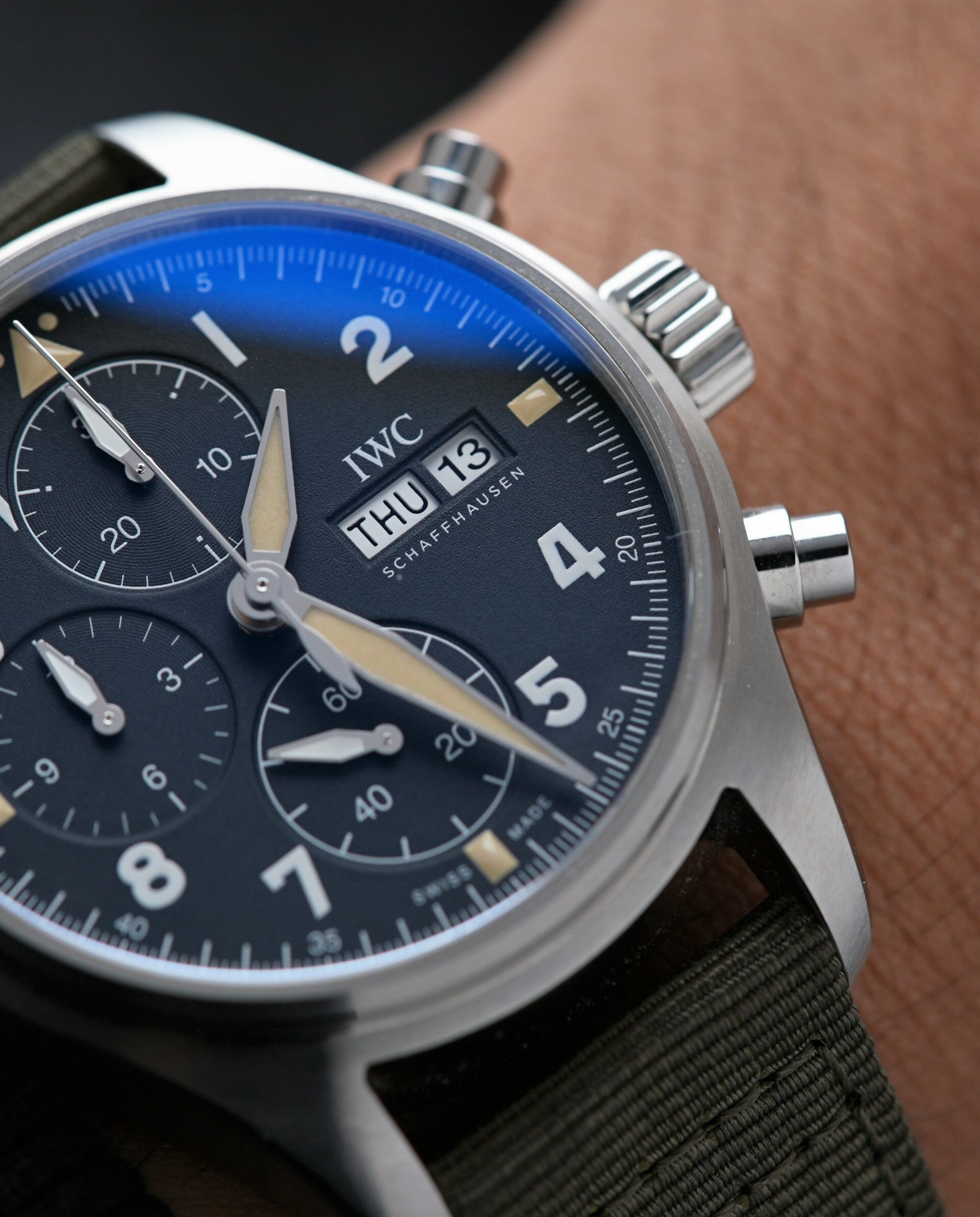 IWC Pilot Spitfire Chronograph 41MM IW387901 wristwatch displayed on the wrist.