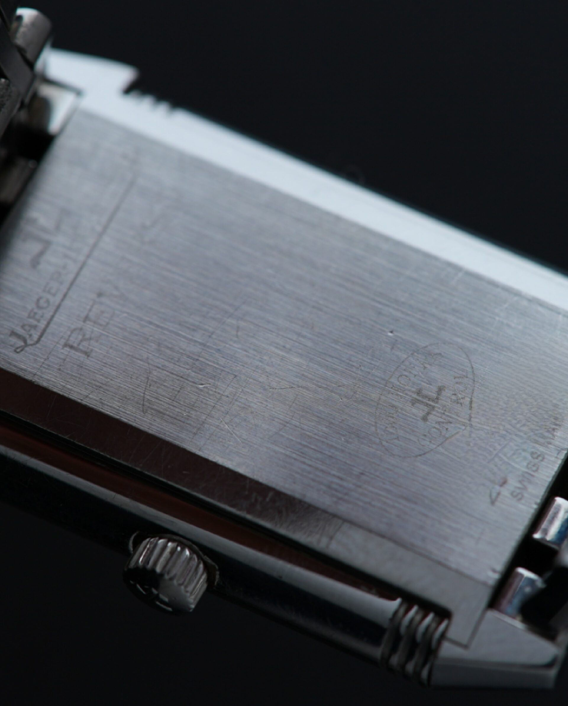 Close up of the back side of the Jaeger-LeCoultre Reverso Classique 252.8.86 watch.