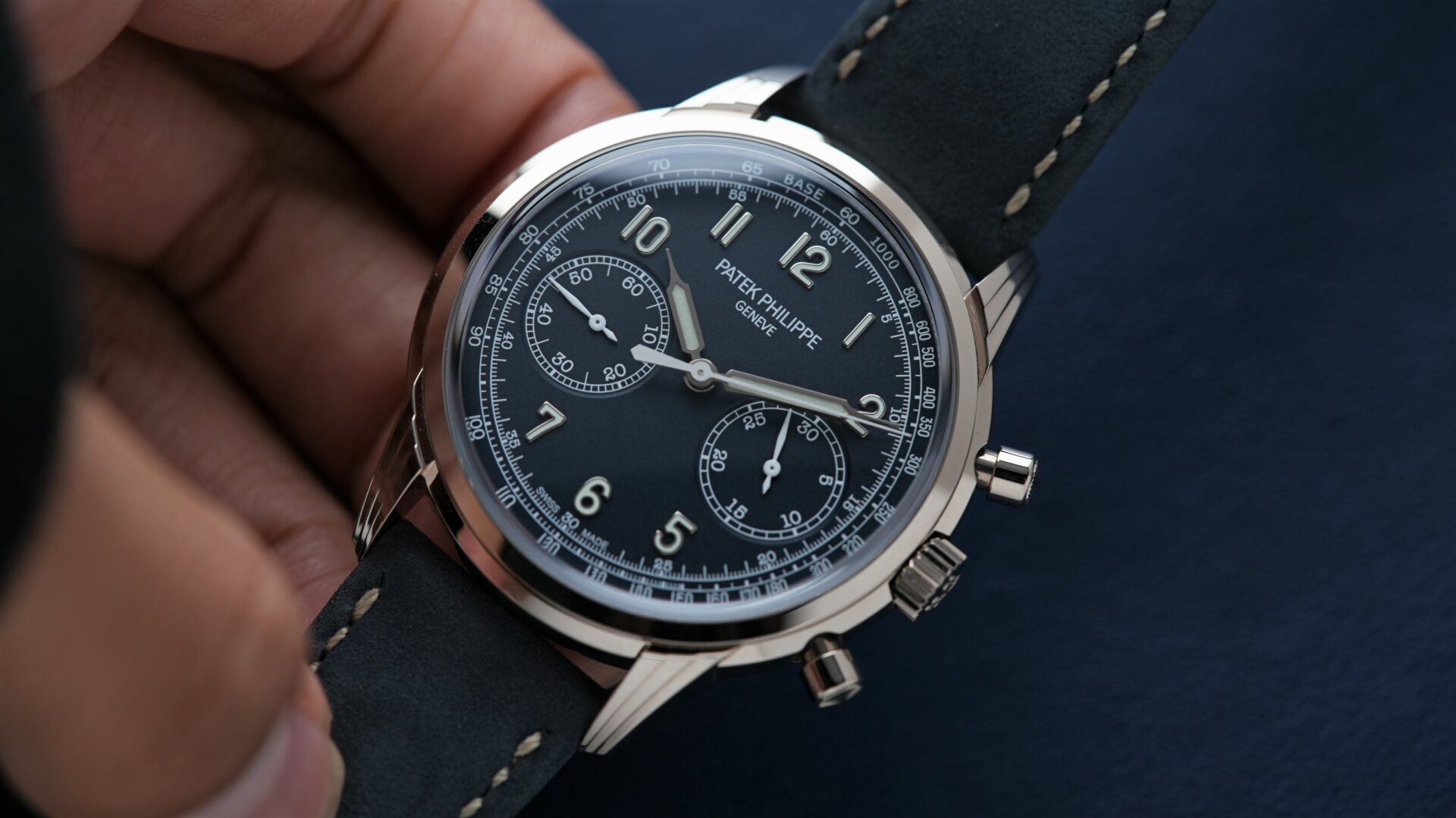 Patek Philippe Chronograph 5172 Complications Chronograph Recently Serviced Seal 5172G-001 White Gold watch being held in hand.