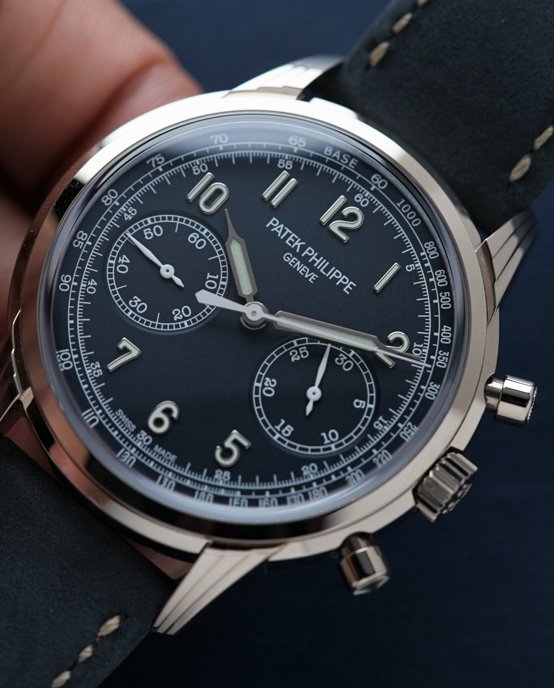 Patek Philippe Chronograph 5172 Complications Chronograph Recently Serviced Seal 5172G-001 White Gold watch being held in hand.