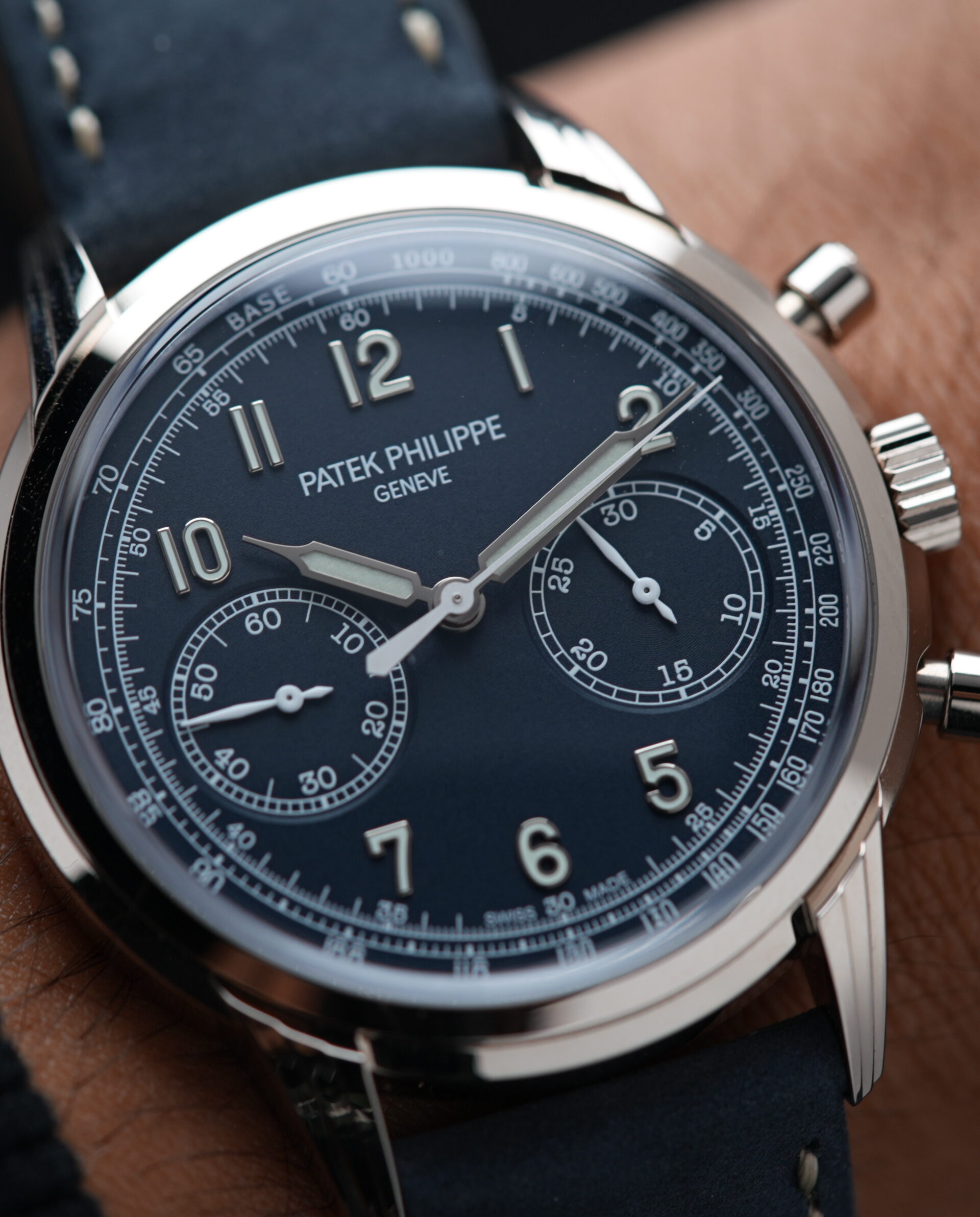 Patek Philippe Chronograph 5172 Complications Chronograph Recently Serviced Seal 5172G-001 White Gold watch displayed setting on the wrist.