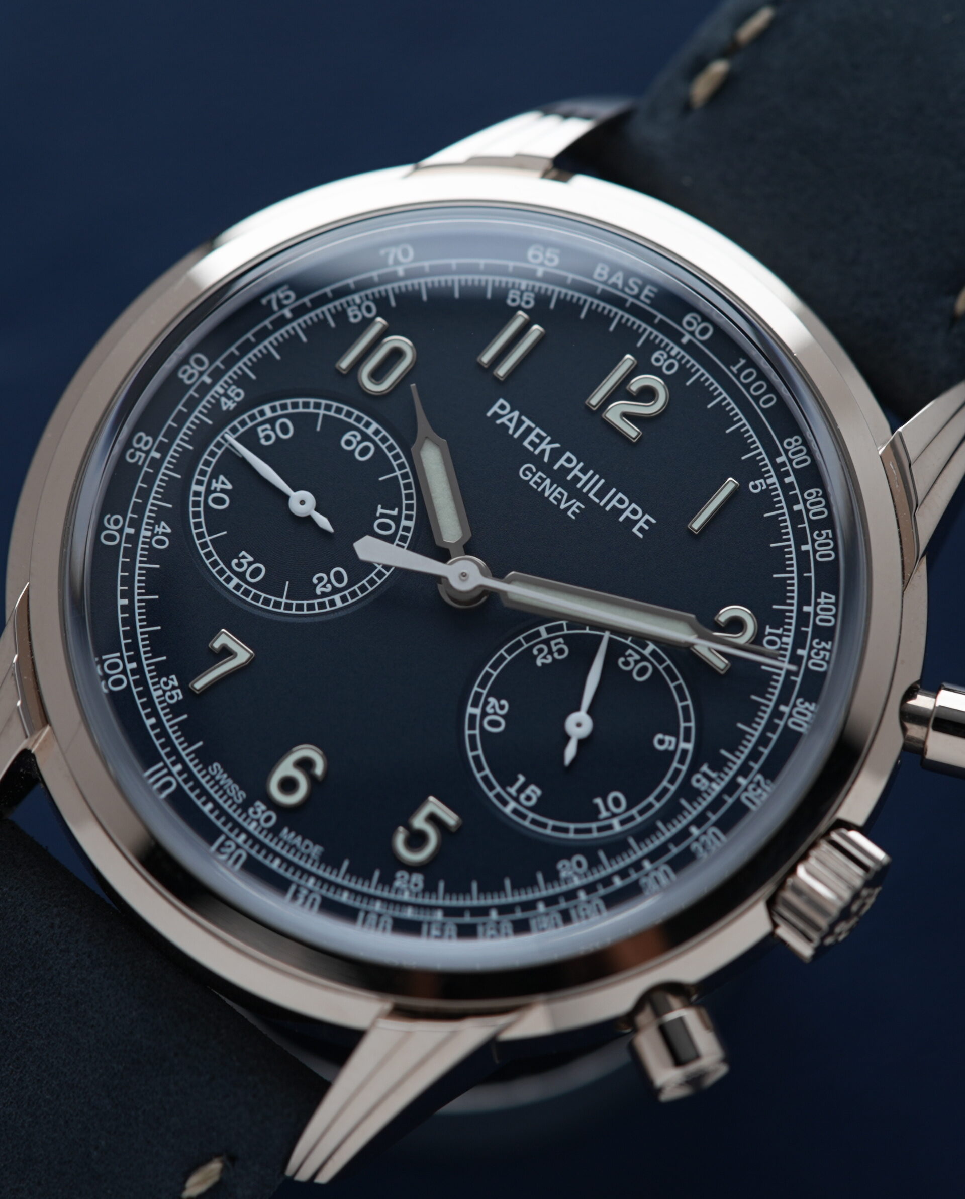 Close up of the dial on the Patek Philippe Chronograph 5172 Complications Chronograph Recently Serviced Seal 5172G-001 White Gold watch.