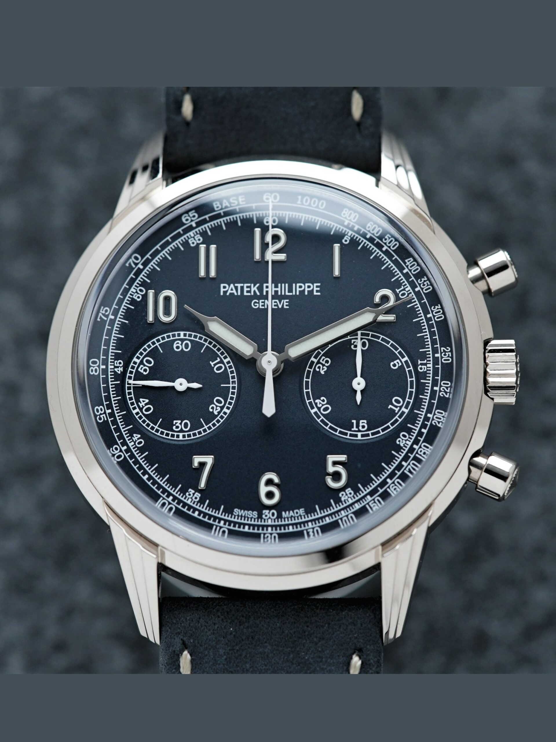 Patek Philippe Chronograph 5172 Complications Chronograph Recently Serviced Seal 5172G-001 White Gold watch featured under white lighting.