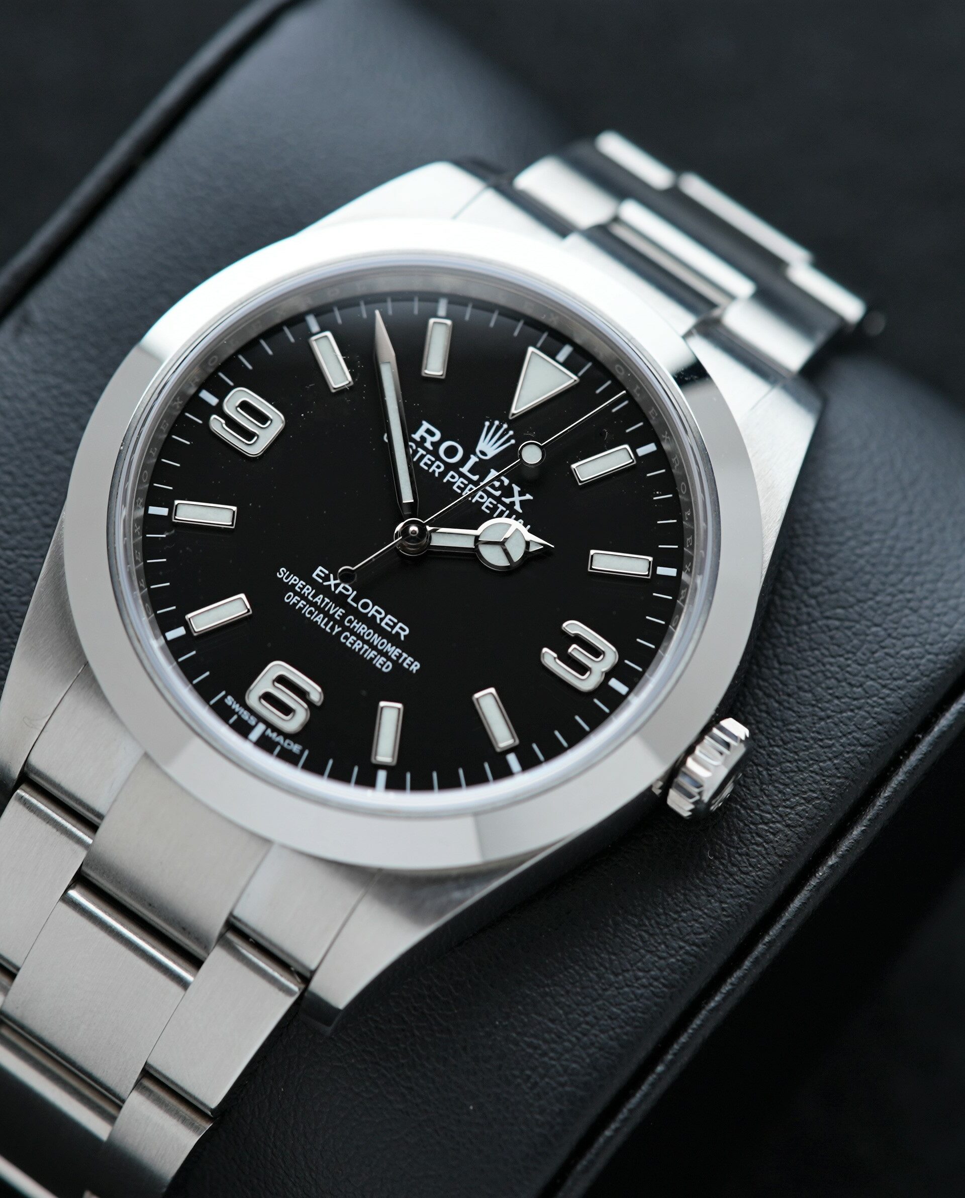 Rolex Explorer 214270 39mm watch featured on an angle.