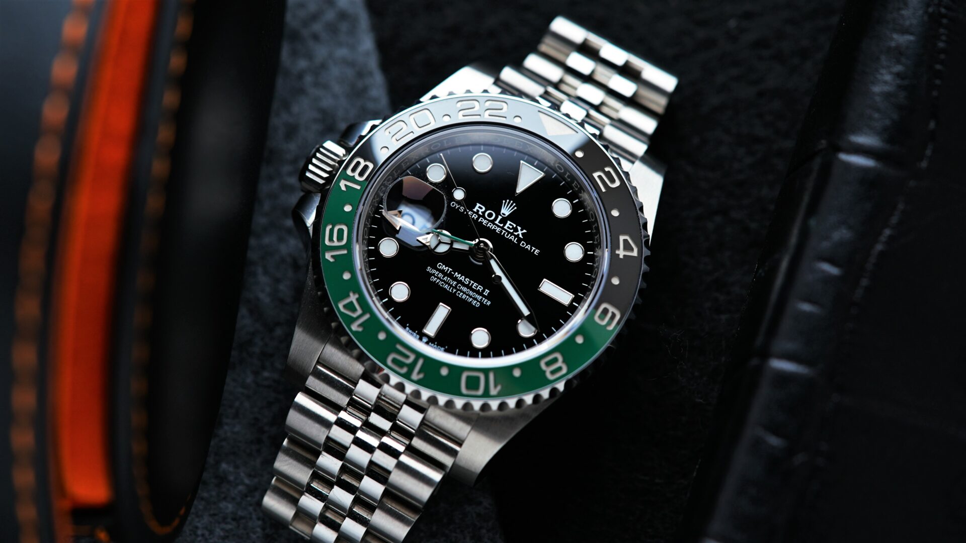 Rolex GMT-Master II 126720VTNR wristwatch pictured on an angle.