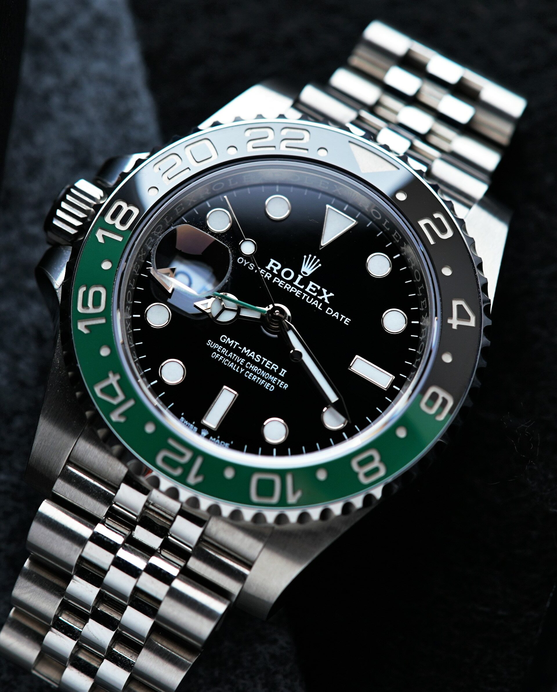 Rolex GMT-Master II 126720VTNR wristwatch pictured on an angle.