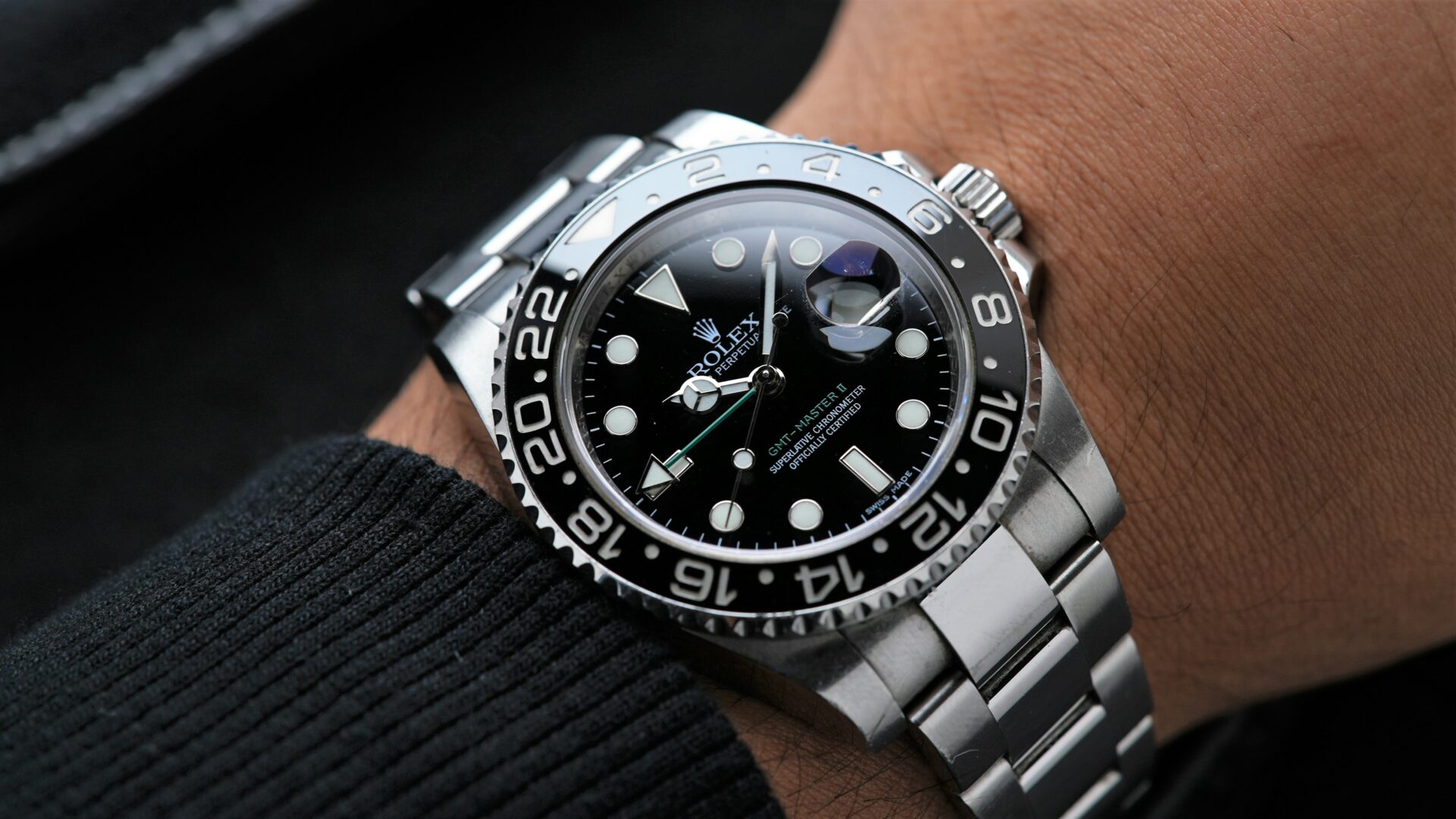 Rolex GMT-Master II Black Discontinued 116710LN wristwatch featured on the wrist.