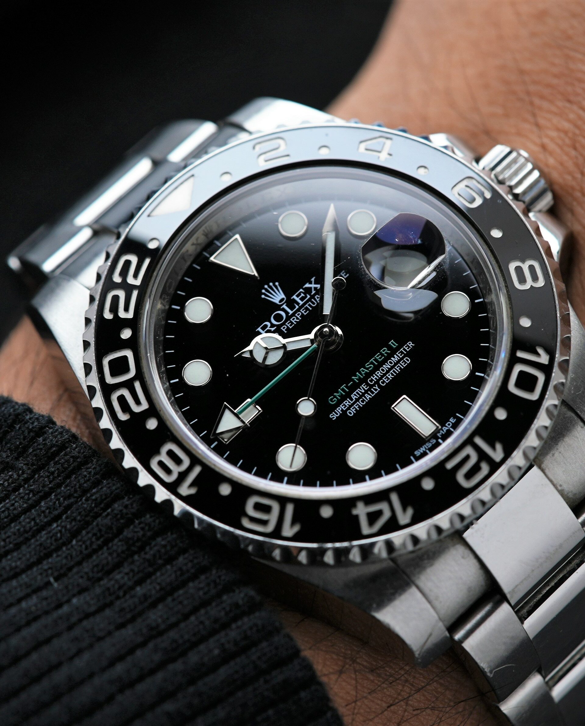 Rolex GMT-Master II Black Discontinued 116710LN wristwatch featured on the wrist.