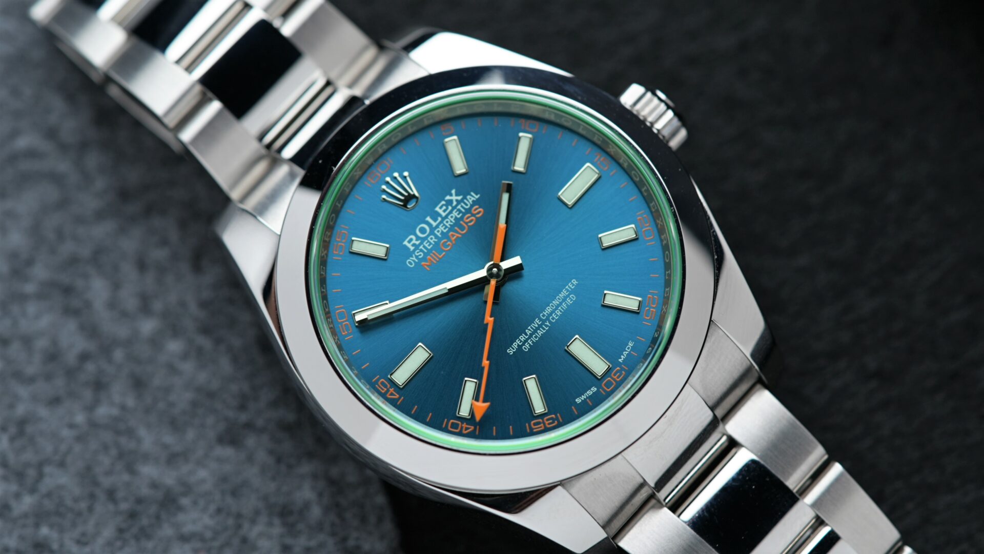Rolex Milgauss Z Blue UNWORN 116400GV wristwatch displayed closeup.