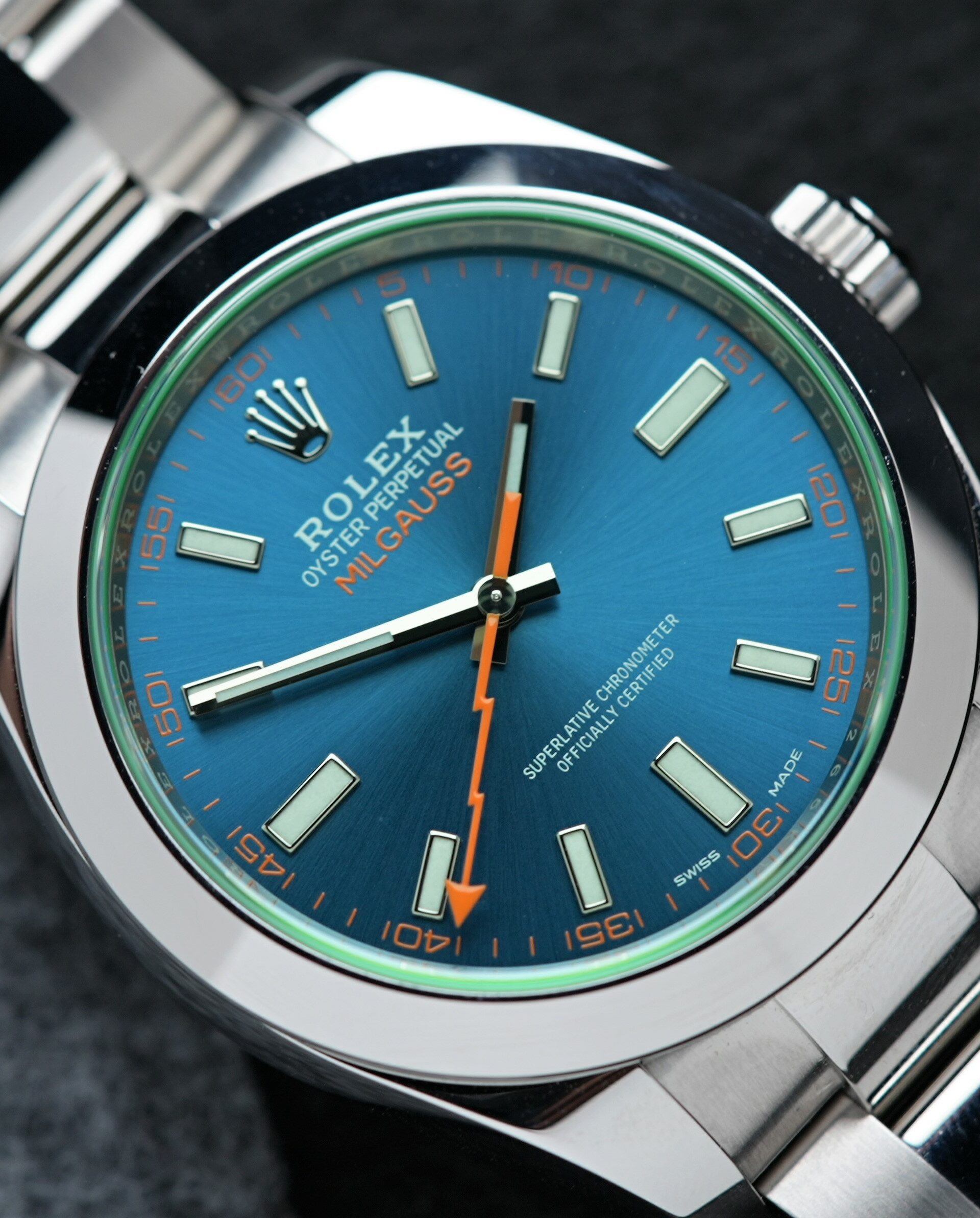 Rolex Milgauss Z Blue UNWORN 116400GV wristwatch displayed closeup.