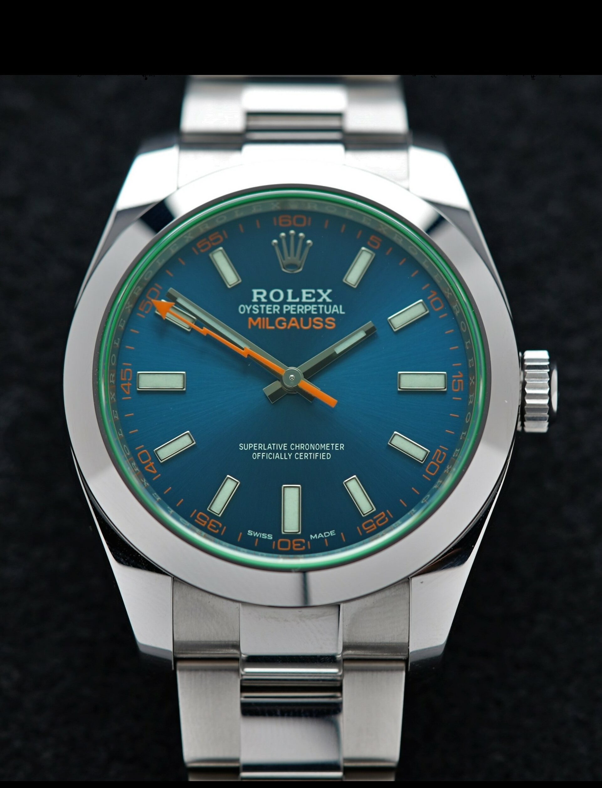 Rolex Milgauss Z Blue UNWORN 116400GV wristwatch displayed under white lighting.