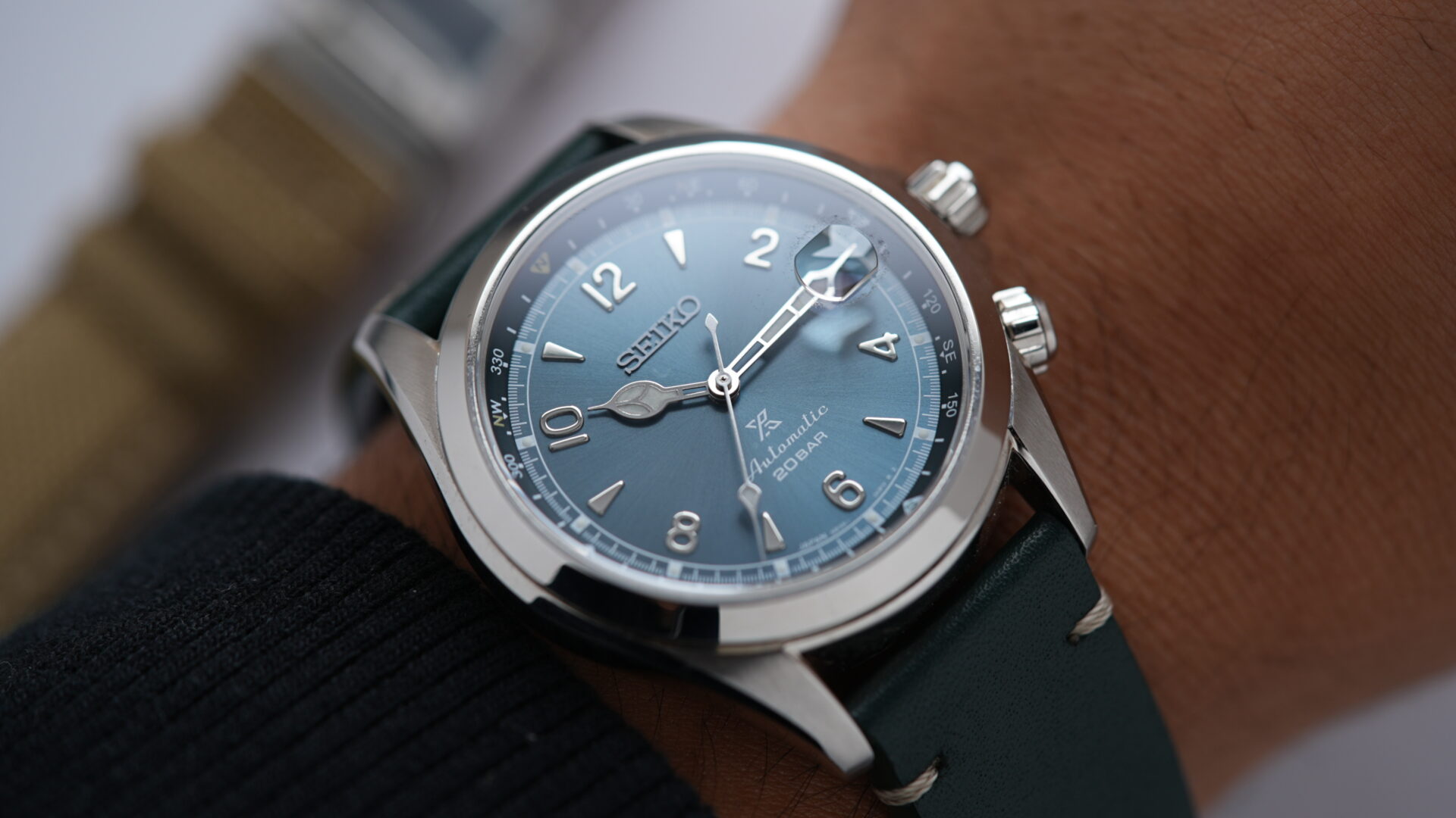 Seiko Alpinist Limited Edition Alpinist Mountain Glacier SPB199J1 watch being displayed on the wrist.