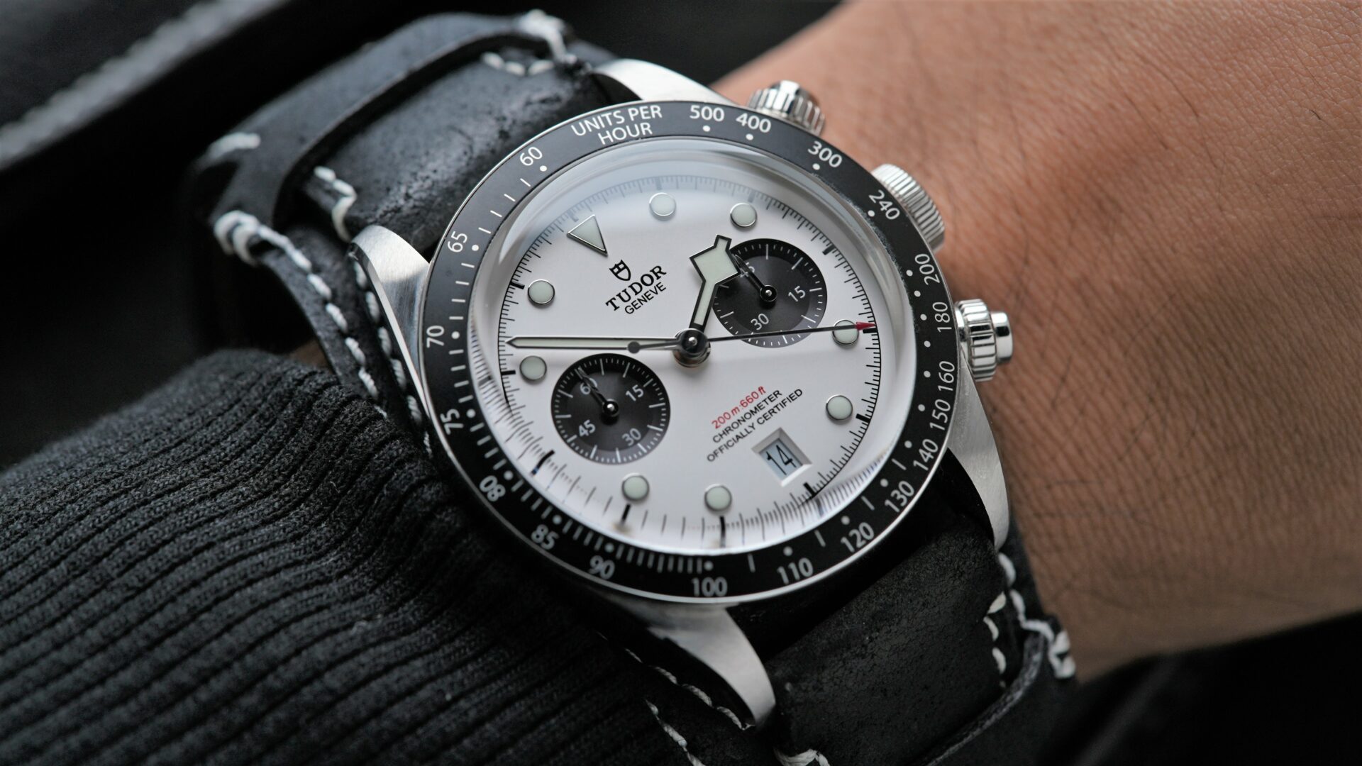 Tudor Black Bay Chrono Dial Chronograph 79360 M79360 Black Bay watch displayed on the wrist.