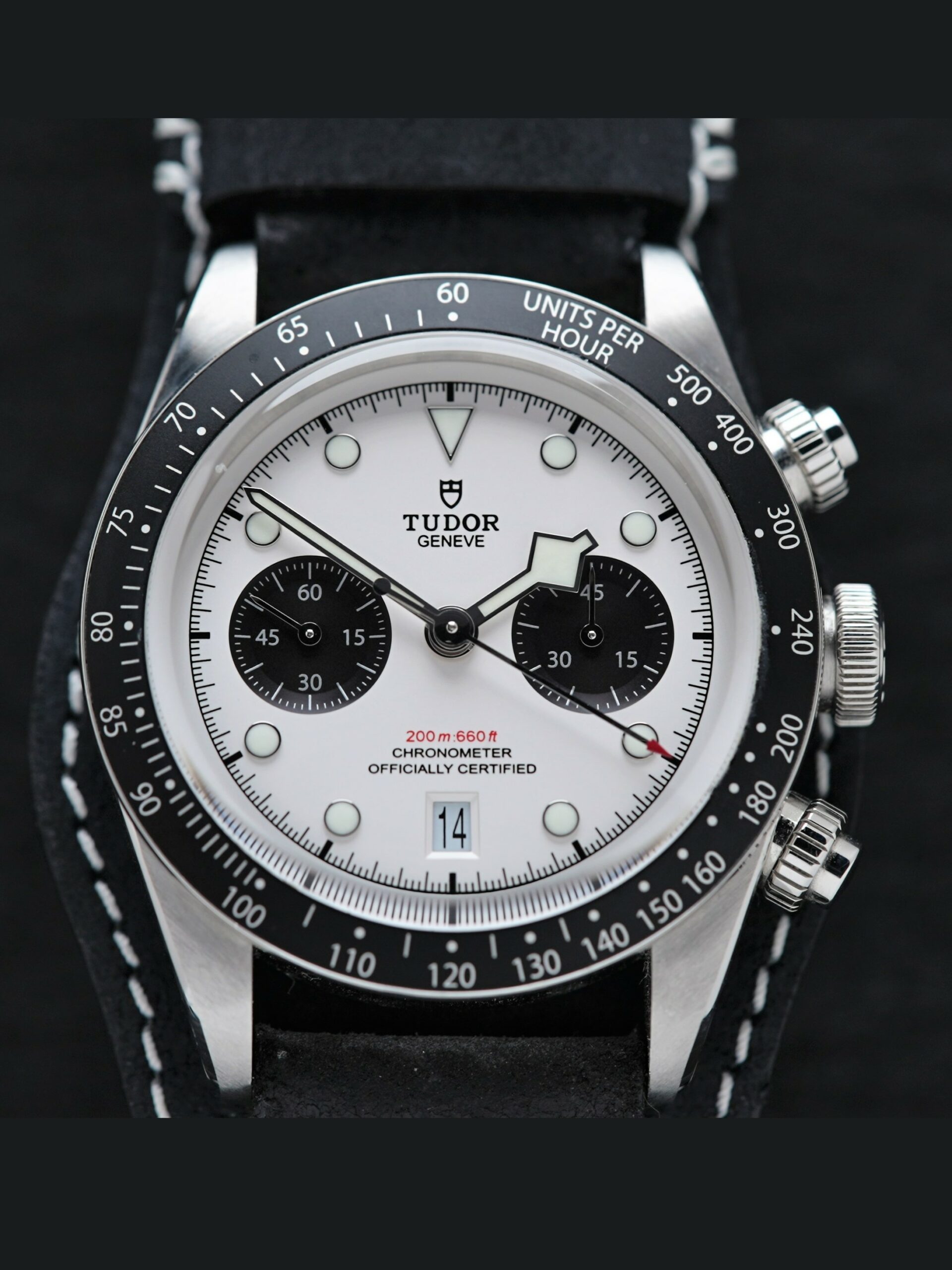 Tudor Black Bay Chrono Dial Chronograph 79360 M79360 Black Bay watch featured under white lighting.