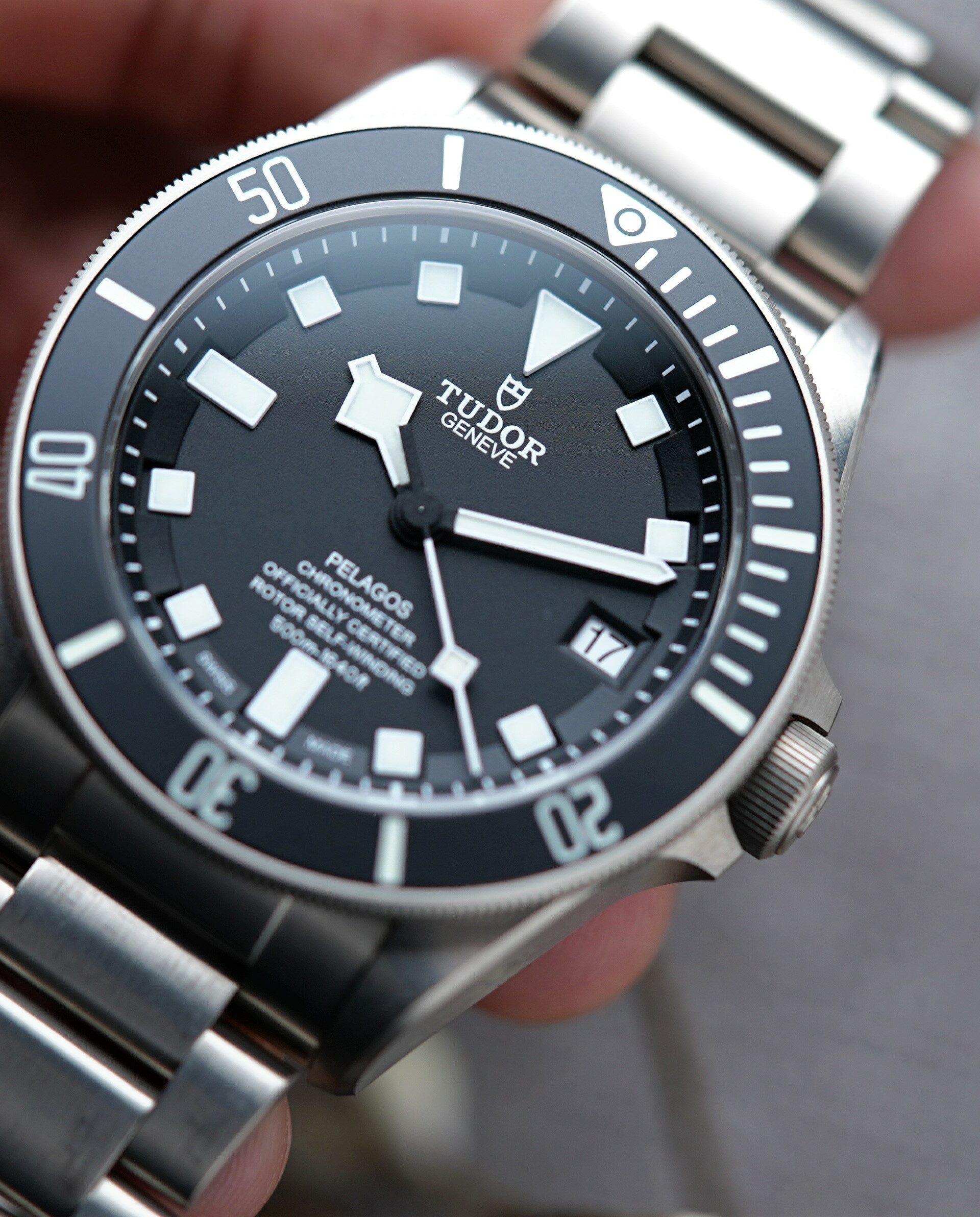 Tudor Pelagos 25600TN watch being displayed in hand.