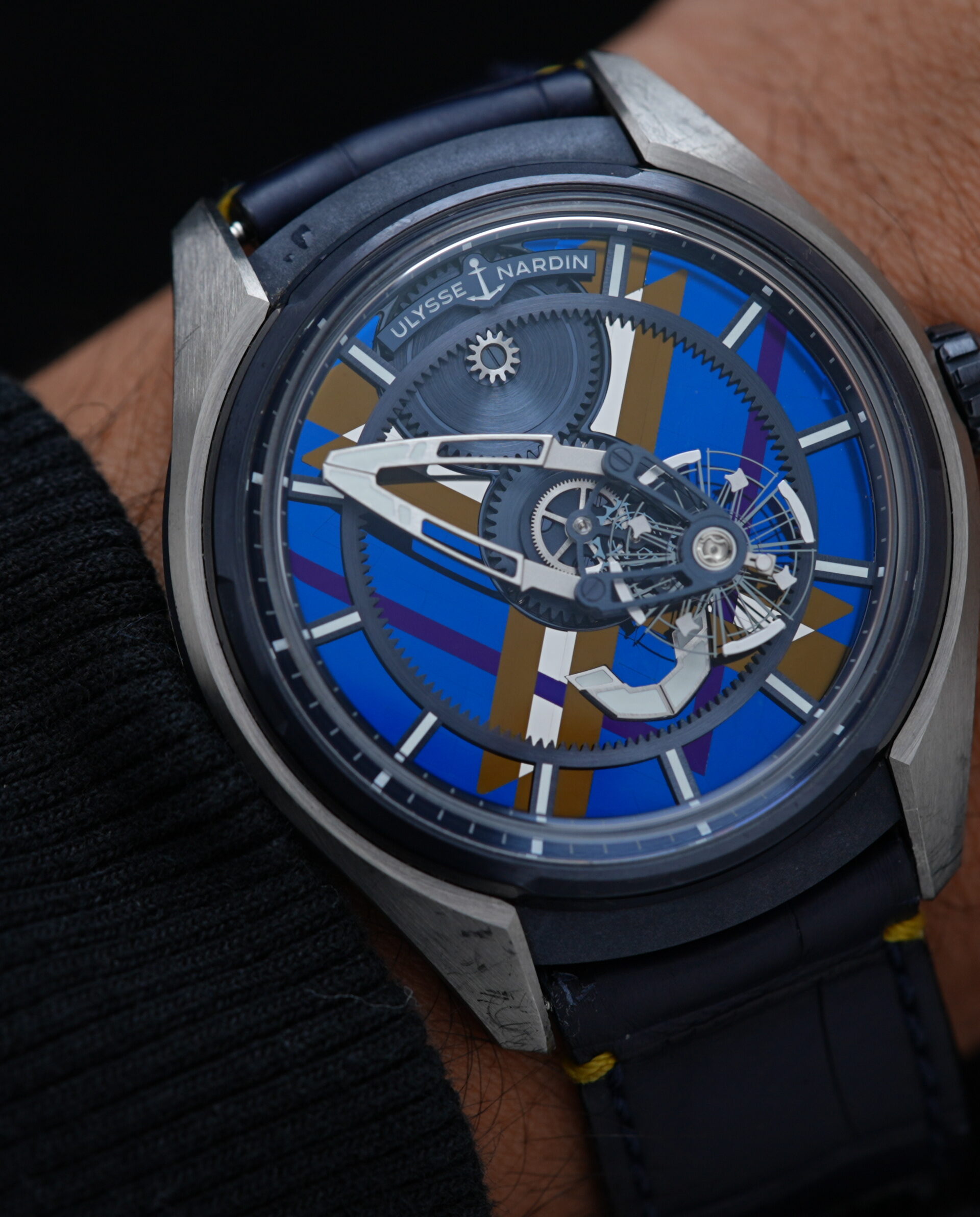 Ulysse Nardin Freak X Marquetry watch featured on the wrist.