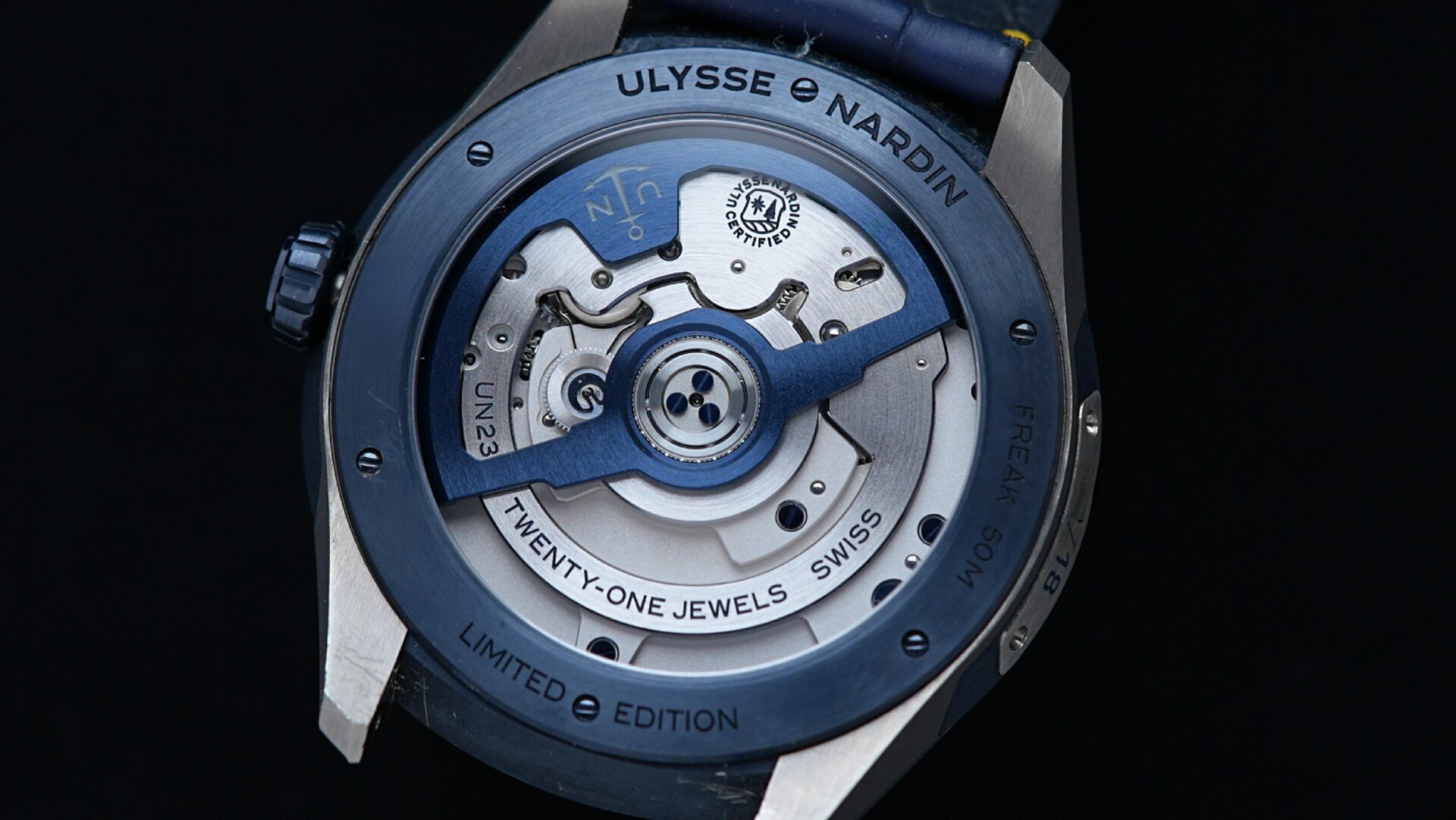 Open caseback of the Ulysse Nardin Freak X Marquetry watch.