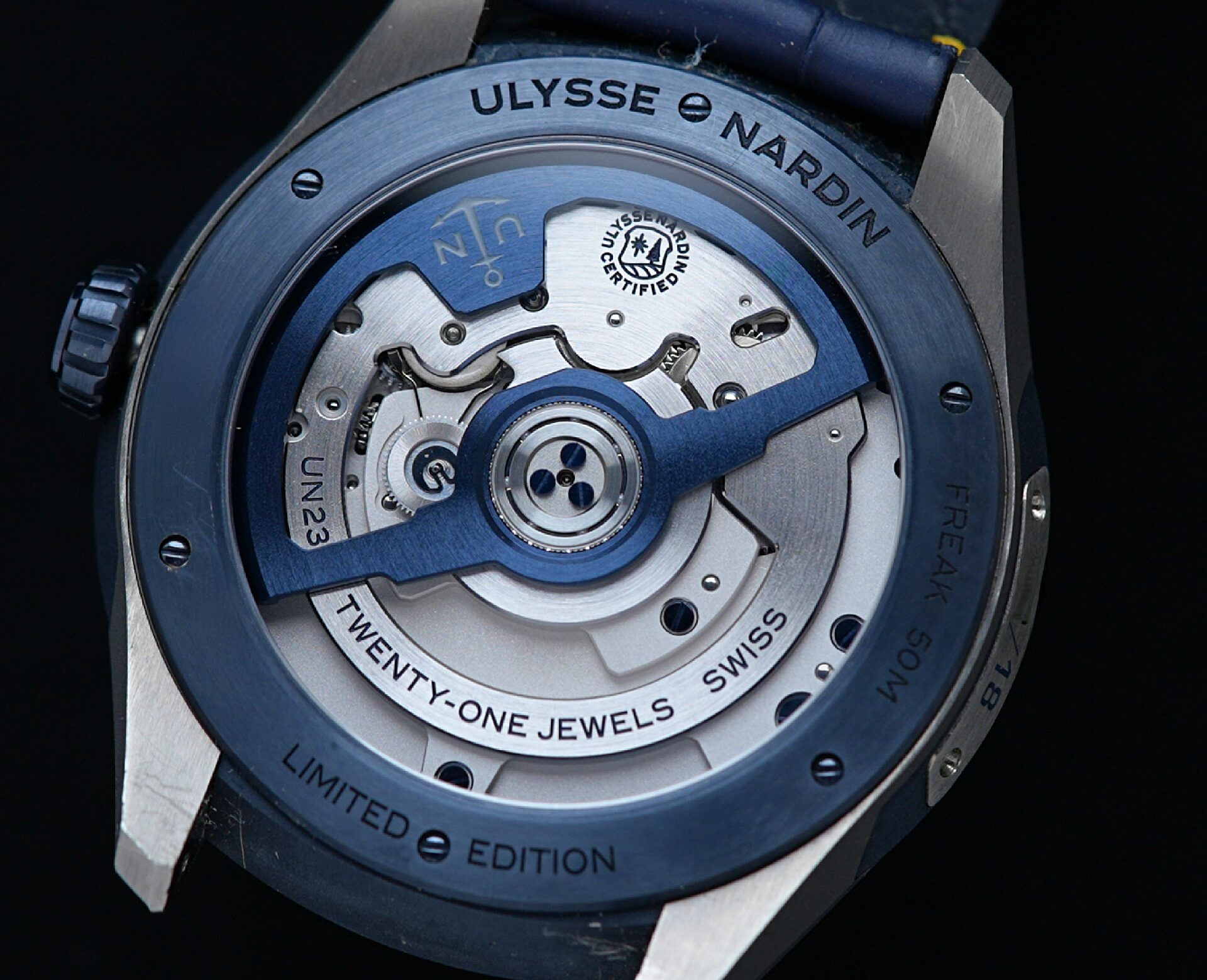 Open caseback of the Ulysse Nardin Freak X Marquetry watch.