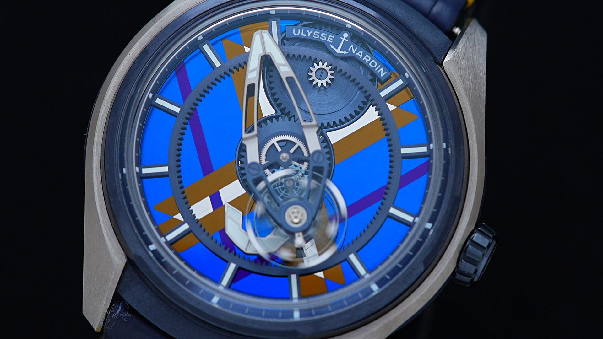 Vibrant dial on the Ulysse Nardin Freak X Marquetry watch.