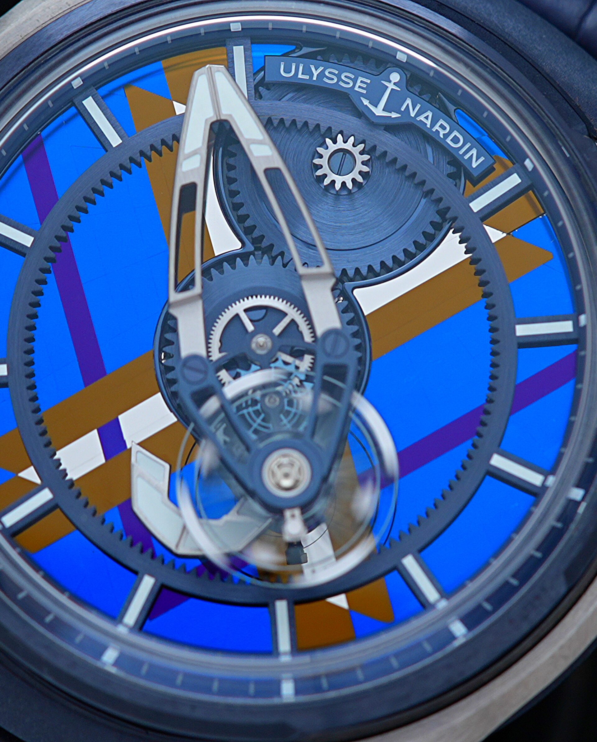 Vibrant dial on the Ulysse Nardin Freak X Marquetry watch.