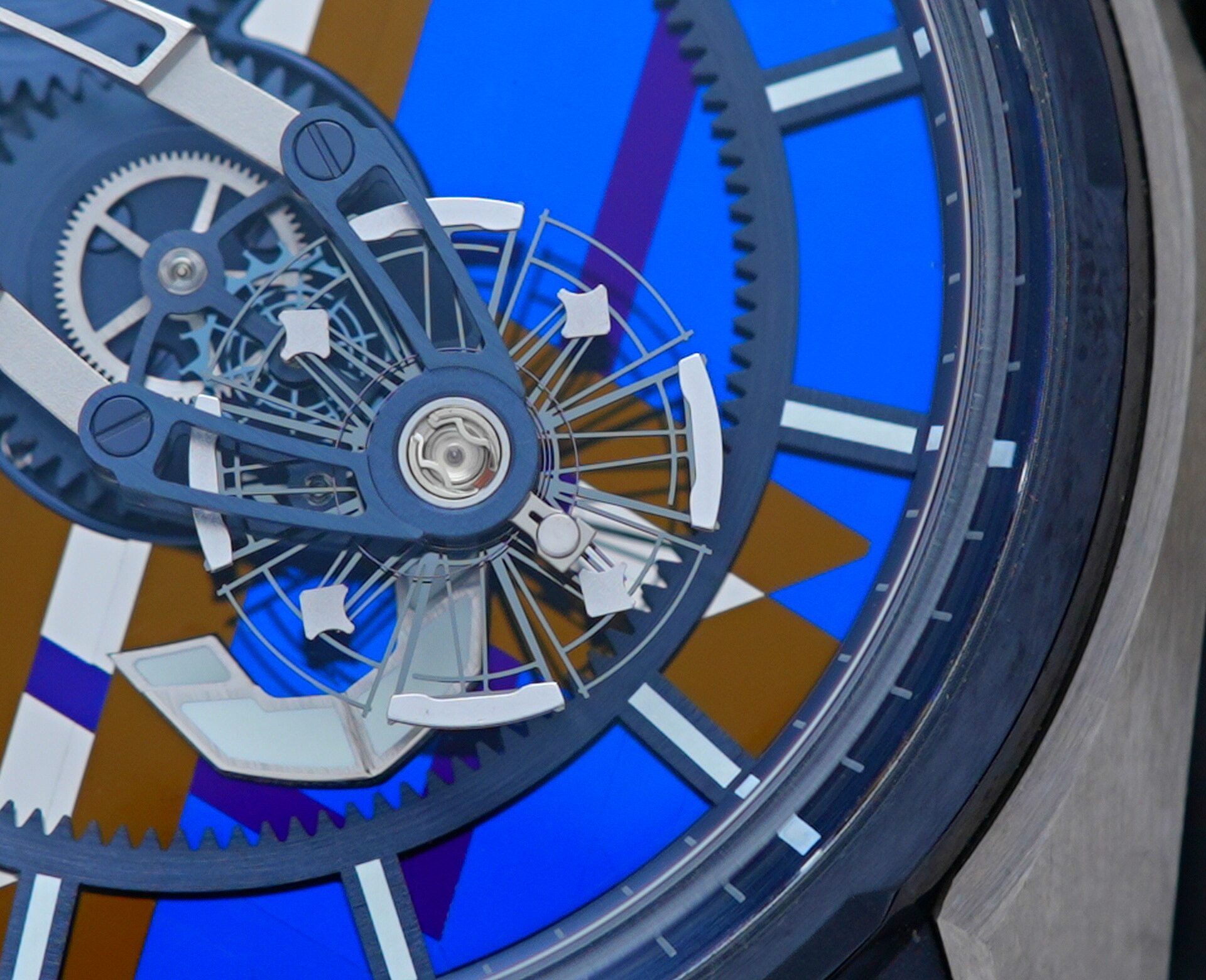 Closeup shot of the tourbillion on the Ulysse Nardin Freak X Marquetry watch.