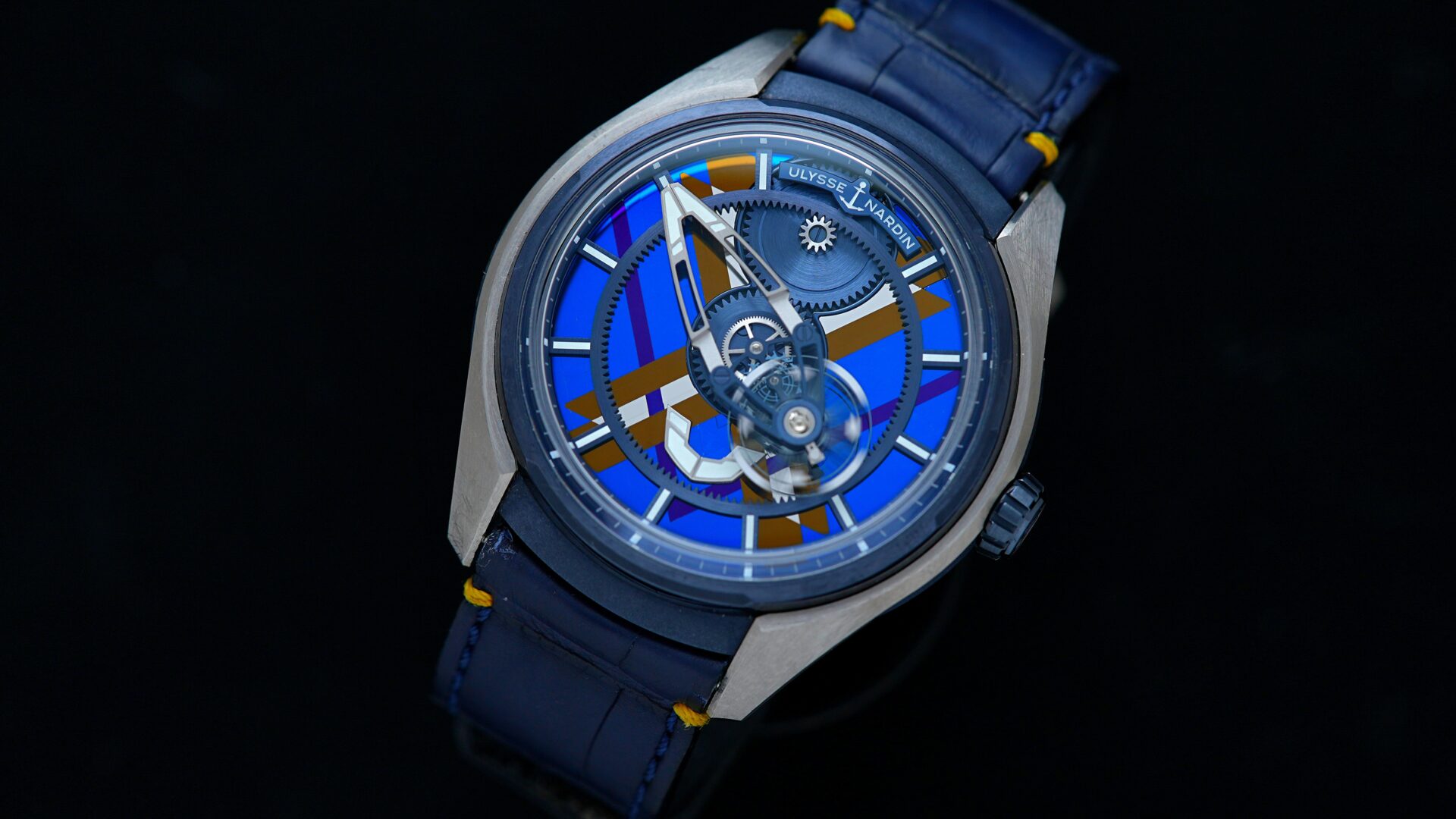 Ulysse Nardin Freak X Marquetry watch featured under white light on an angle.