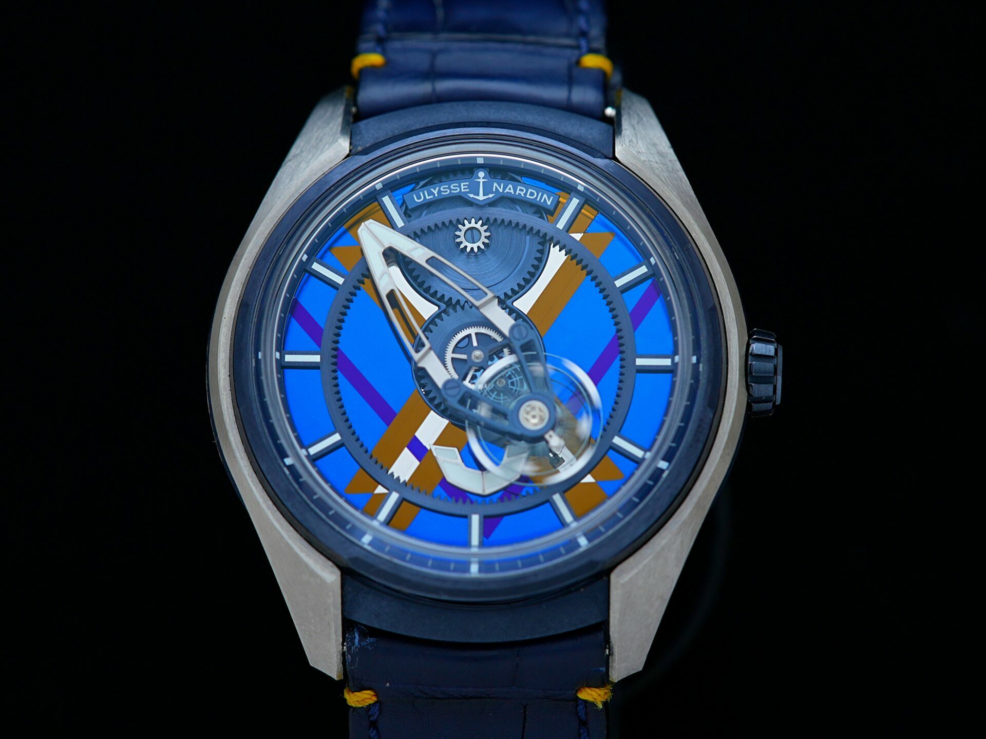 Ulysse Nardin Freak X Marquetry watch displayed under white lighting.