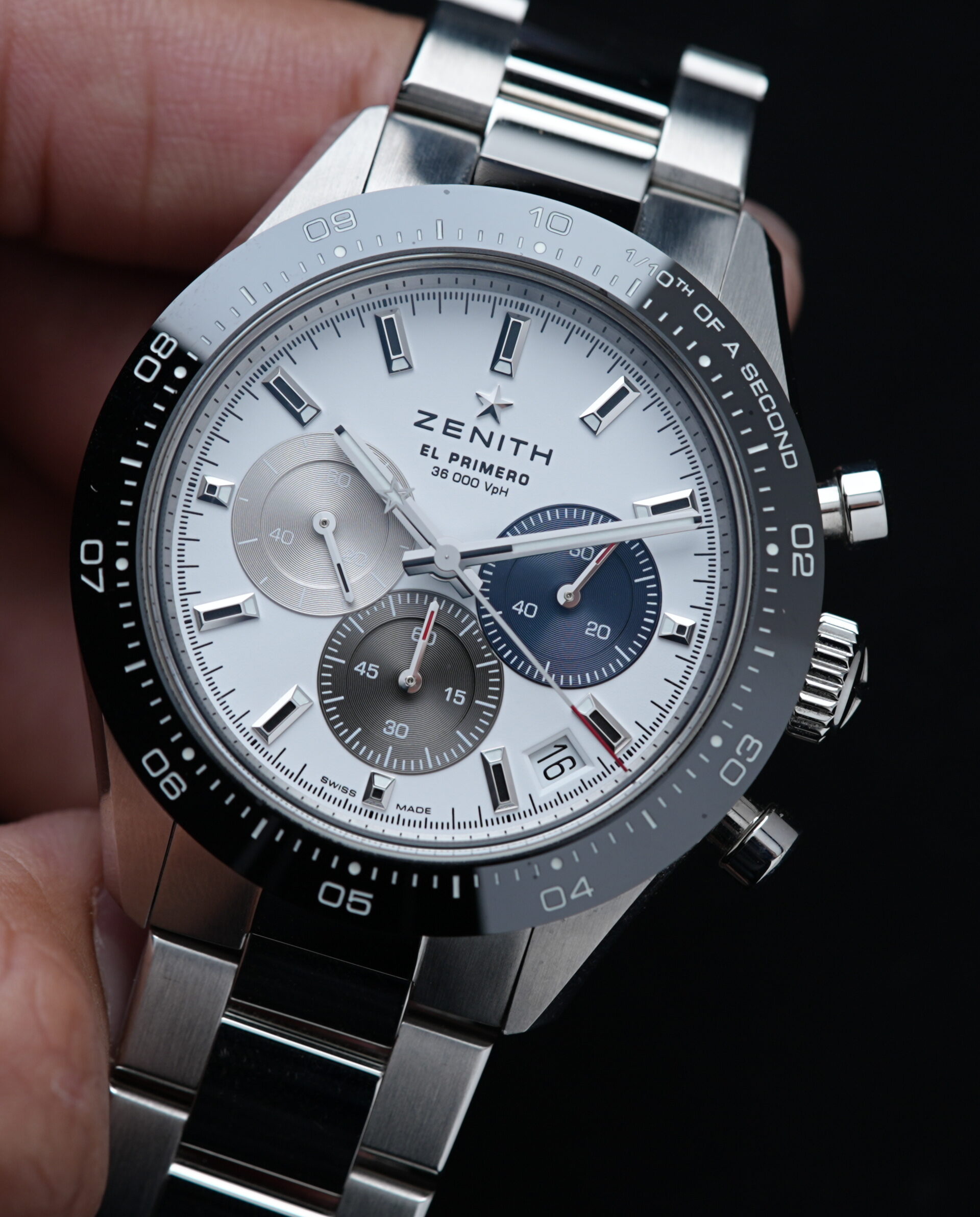 Zenith Chronomaster Sport Panda watch being displayed in hand.