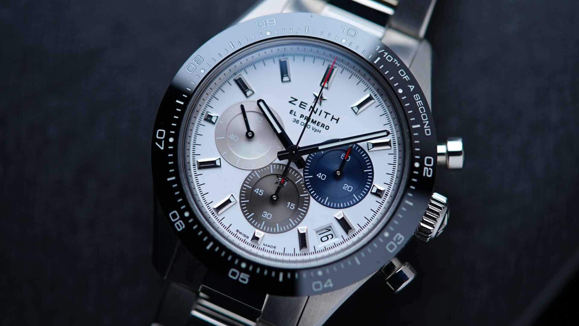Close up picture of the Zenith Chronomaster Sport Panda watch.