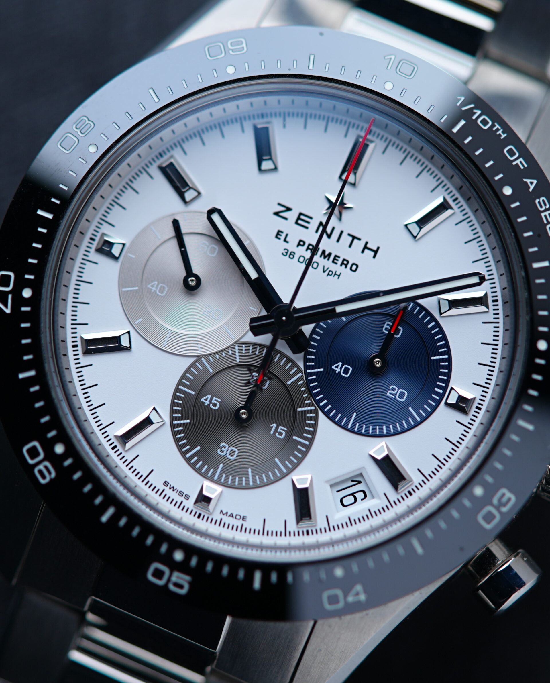 Close up picture of the Zenith Chronomaster Sport Panda watch.