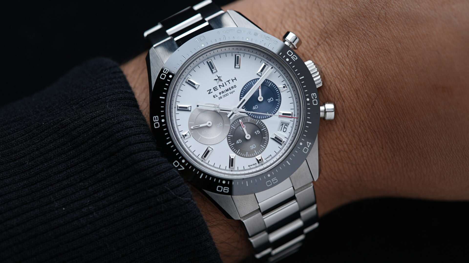 Zenith Chronomaster Sport Panda watch displayed on the wrist.