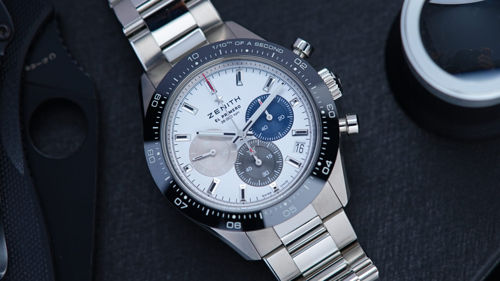 Zenith Chronomaster Sport Panda watch pictured on an angle.