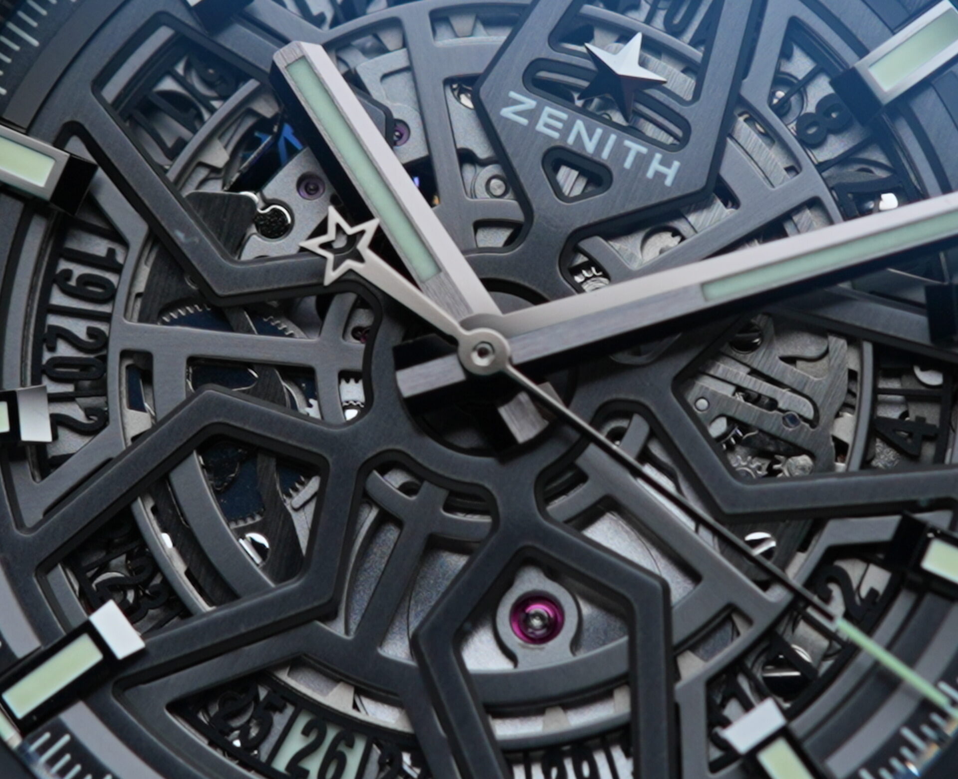 Macro shot of the skeleton dial on the Zenith Defy Classic Carbon Fiber watch.